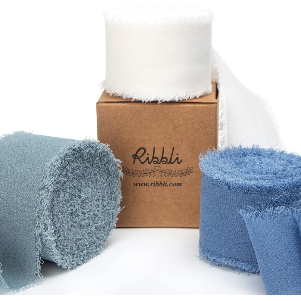 Ribbli Chiffon Silk Ribbon, 1.5 inch x 30 Yard, Champagne/Terracotta/Rust Red Fringe Chiffon Fall Ribbon for Wedding Invitations, Bridal Bouquets Wrapping, Flower Arrangement Decoration(White/Slate Blue/Dusty Blue)