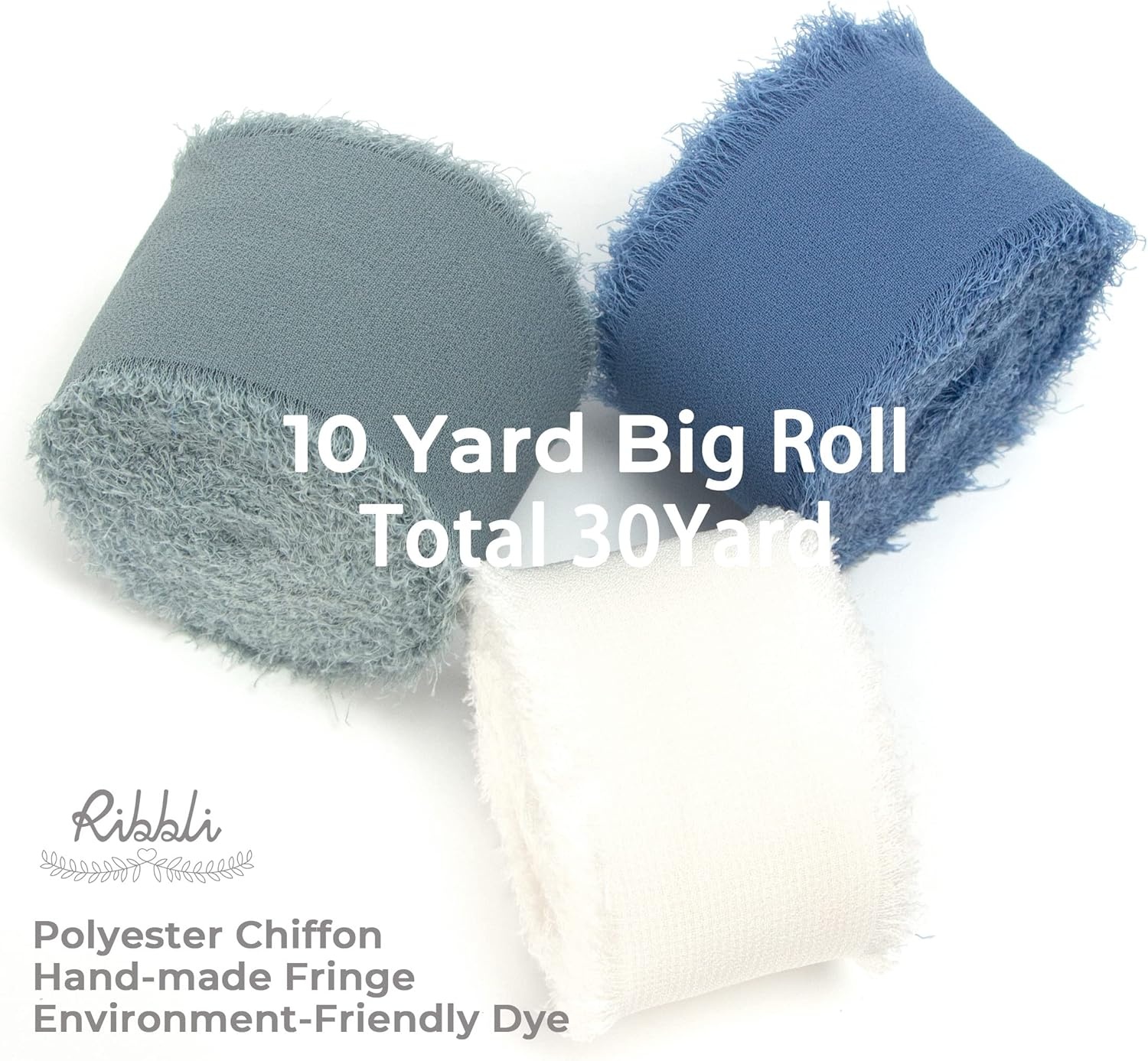 Ribbli Chiffon Silk Ribbon, 1.5 inch x 30 Yard, Champagne/Terracotta/Rust Red Fringe Chiffon Fall Ribbon for Wedding Invitations, Bridal Bouquets Wrapping, Flower Arrangement Decoration(White/Slate Blue/Dusty Blue)