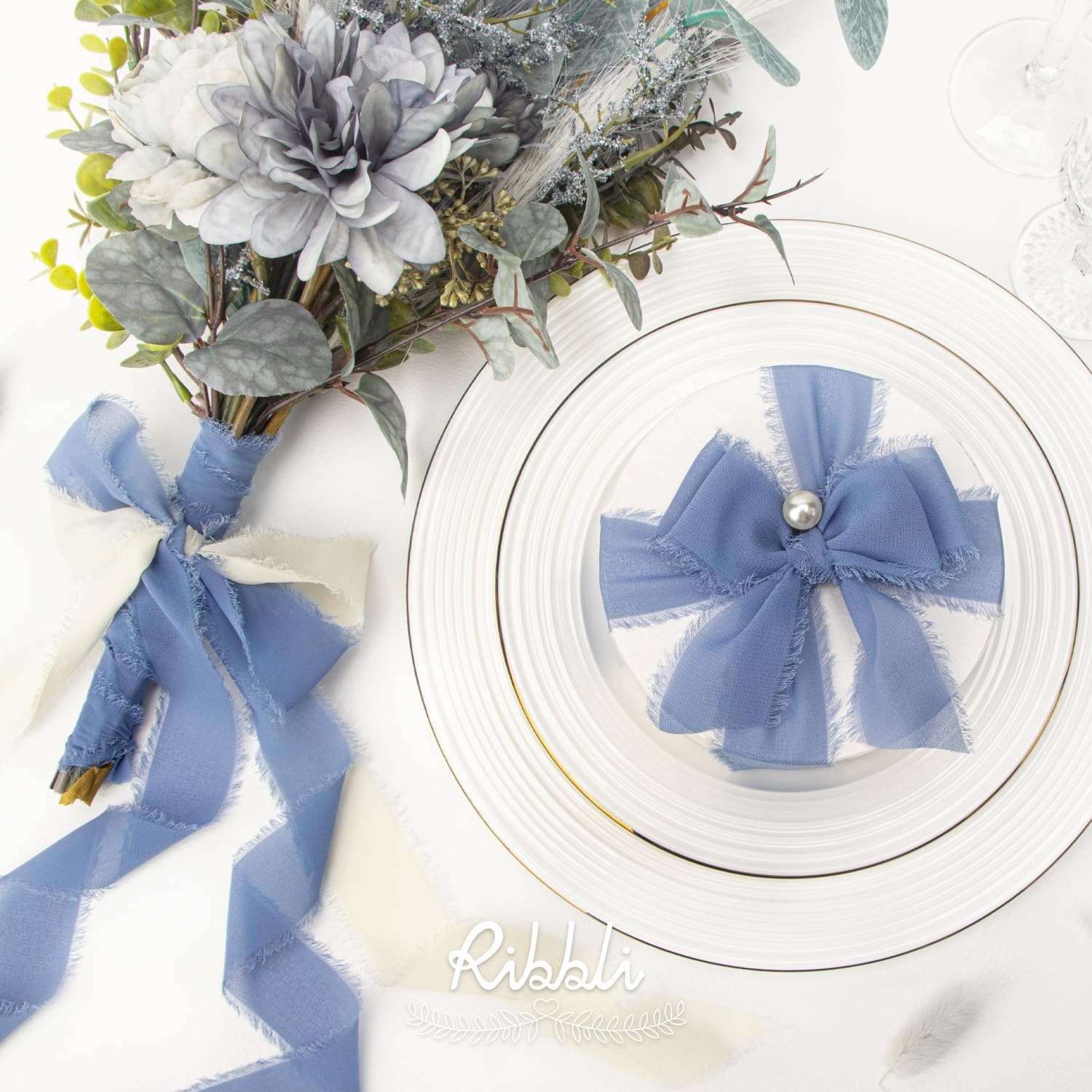Ribbli Chiffon Silk Ribbon, 1.5 inch x 30 Yard, Champagne/Terracotta/Rust Red Fringe Chiffon Fall Ribbon for Wedding Invitations, Bridal Bouquets Wrapping, Flower Arrangement Decoration(White/Slate Blue/Dusty Blue)