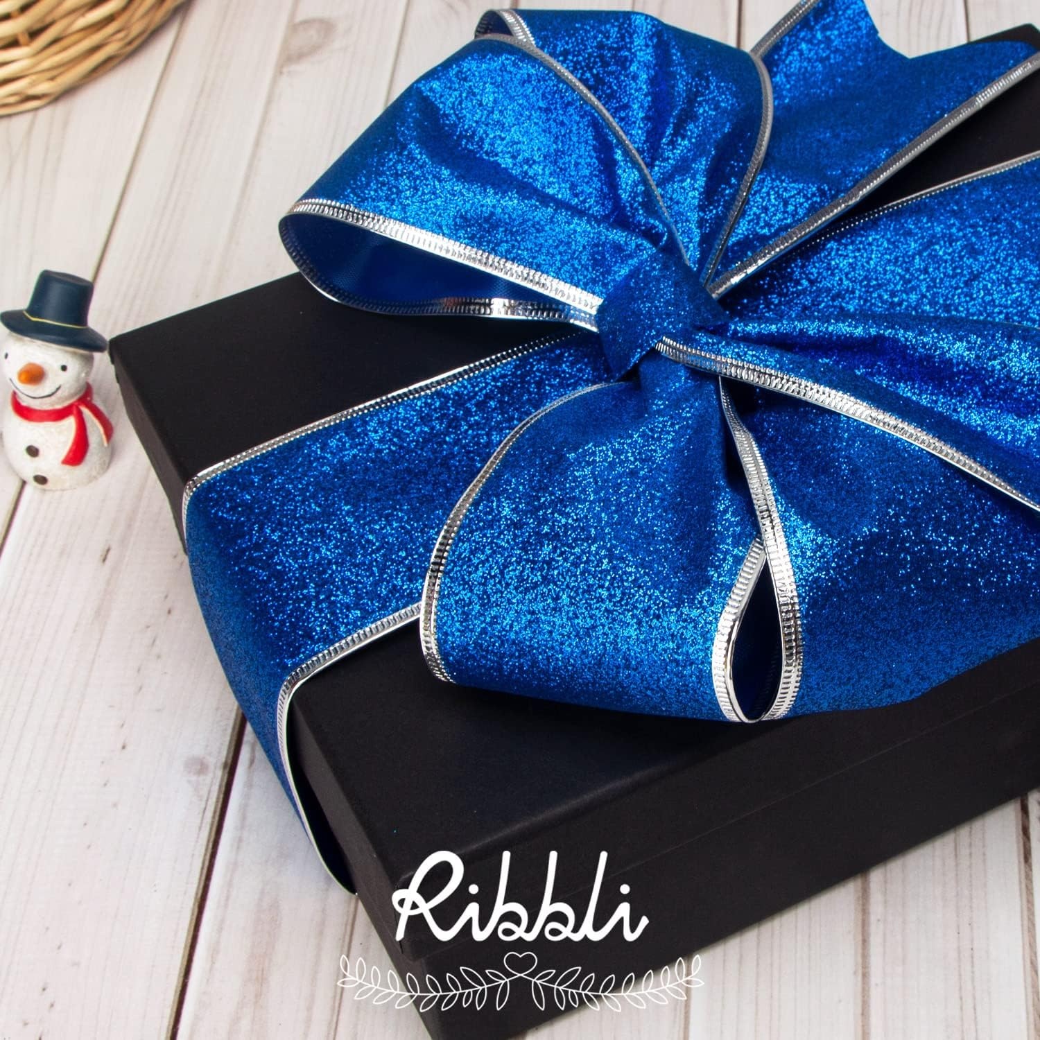 Ribbli Blue & Silver Christmas Tree Ribbon – Wired, Glitter, 2.5 Inch x 6 Rolls, Total 36 Yards – For Tree, Crafts, Gift Wrapping, Wreaths, Garland, Home Decor(Blue/Silver)