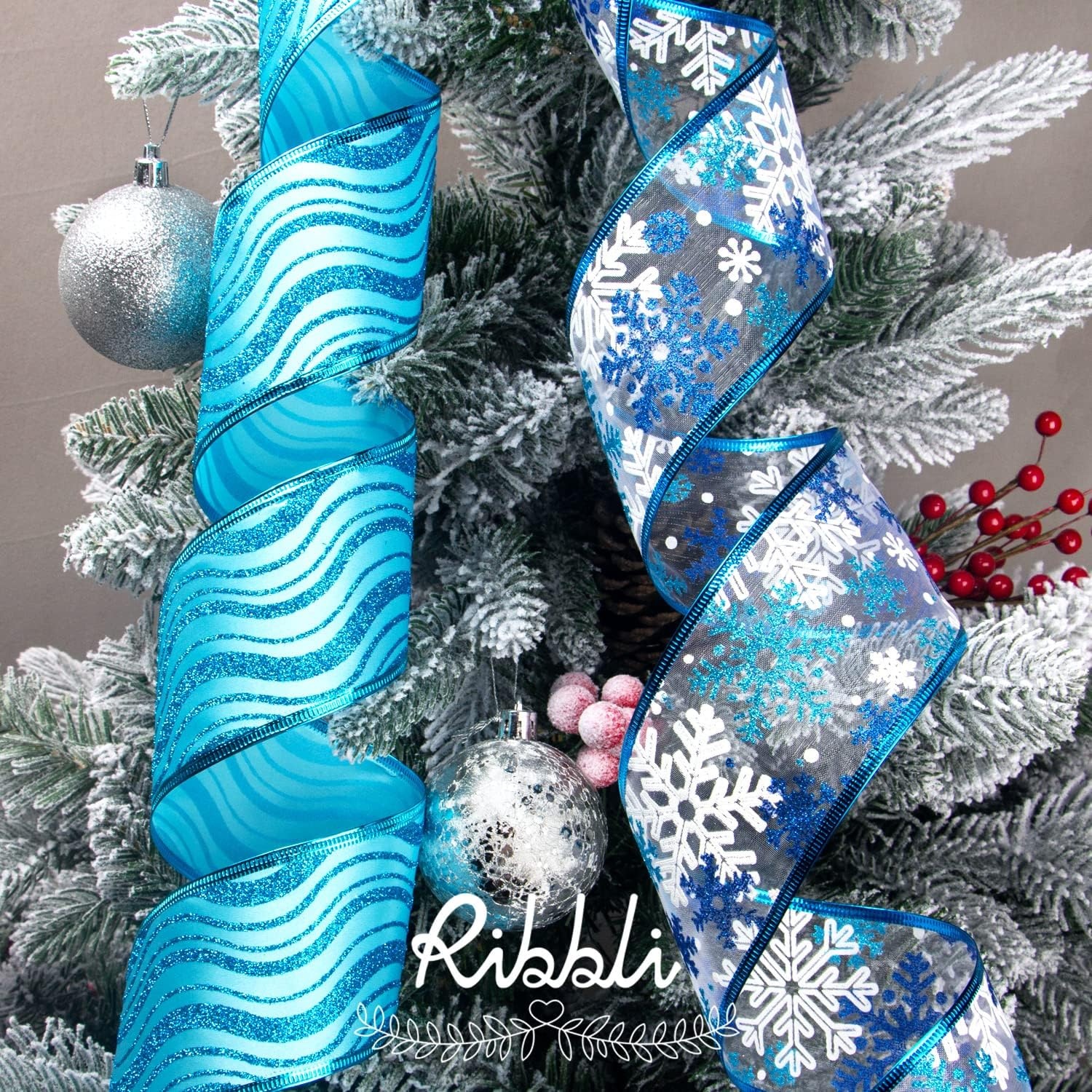 Ribbli Blue & Silver Christmas Tree Ribbon – Wired, Glitter, 2.5 Inch x 6 Rolls, Total 36 Yards – For Tree, Crafts, Gift Wrapping, Wreaths, Garland, Home Decor(Blue/Silver)