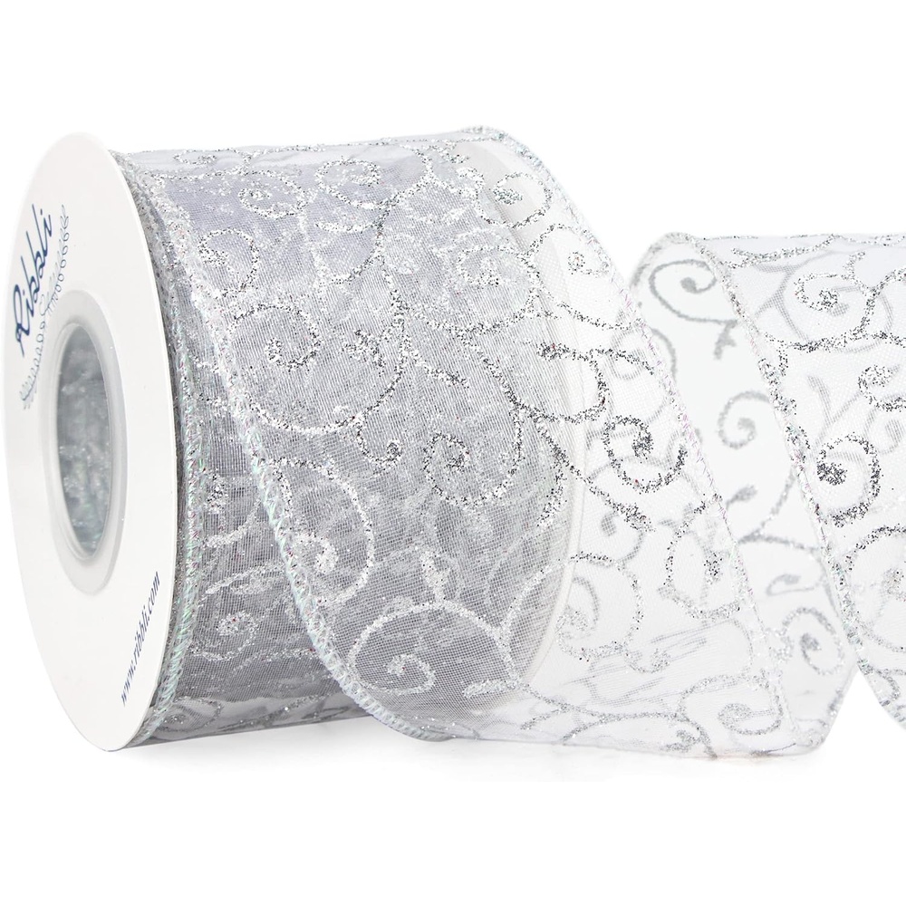 Ribbli Swirl Glitter Wired Ribbon, Burgundy Organza Sheer with Gold Glitter Swirl Pattern and Gold Metallic Edge,2-1/2 Inch x 10Yards Christmas Ribbon for Tree Decoration(White/Silver)