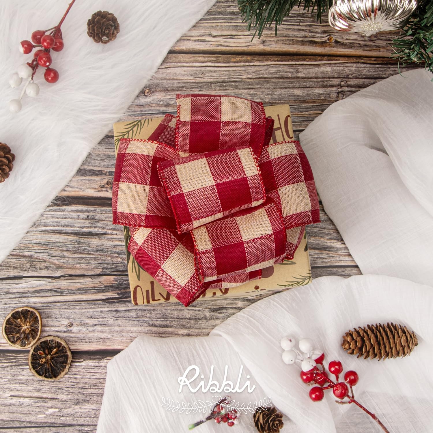 Ribbli Christmas Ribbon Wired, Red and Green Plaid Ribbon 2-1/2 inch x Continuous 10 Yard, Christmas Tree Ribbon for Topper Bow,Wreath and Swag, Gift Wrapping, Tree Decoration(Vintage Red/Beige)