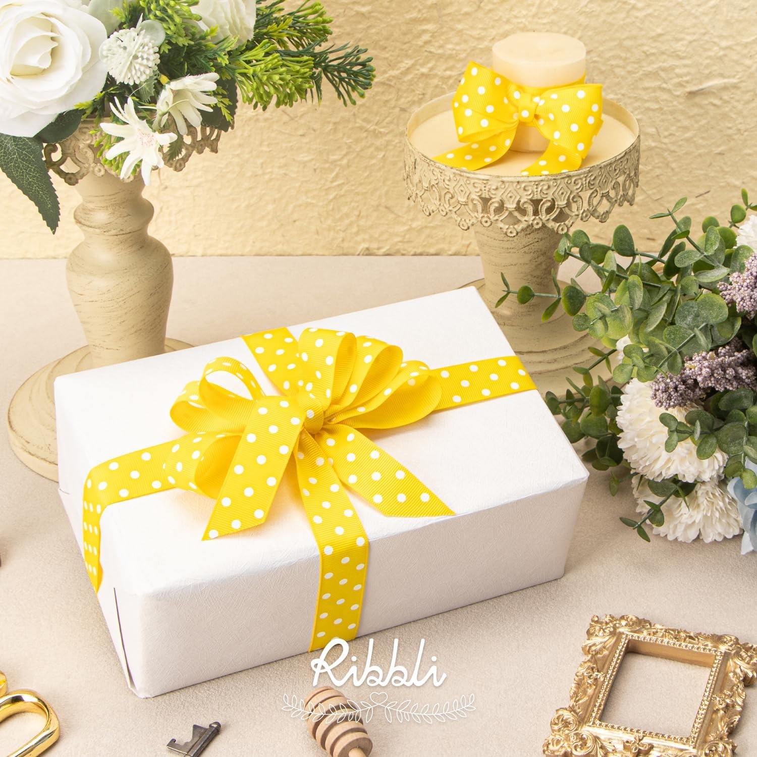 Ribbli Grosgrain Polka Dot Craft Ribbon,7/8 Inch,10-Yard Spool,Black with White Dots,Use for Hair Bows,Gift Wrapping,All Crafting and Sewing(Daffodil Yellow/White)