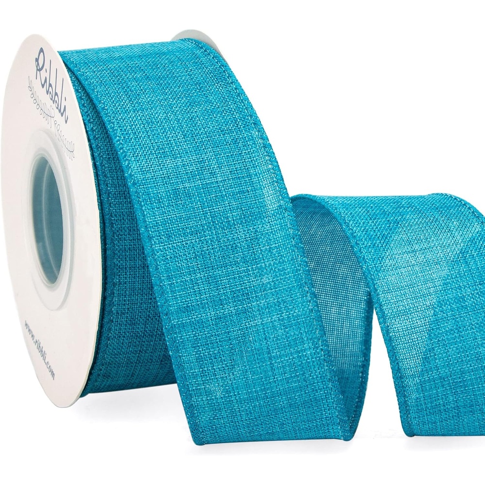 Ribbli Pink Linen Wired Ribbon, 1-1/2 Inch x 10 Yard, Pink Burlap Wired Ribbon for Easter Wreaths, Big Bows, Gift Wrapping, Christmas Tree Decoration(Turquoise Blue)