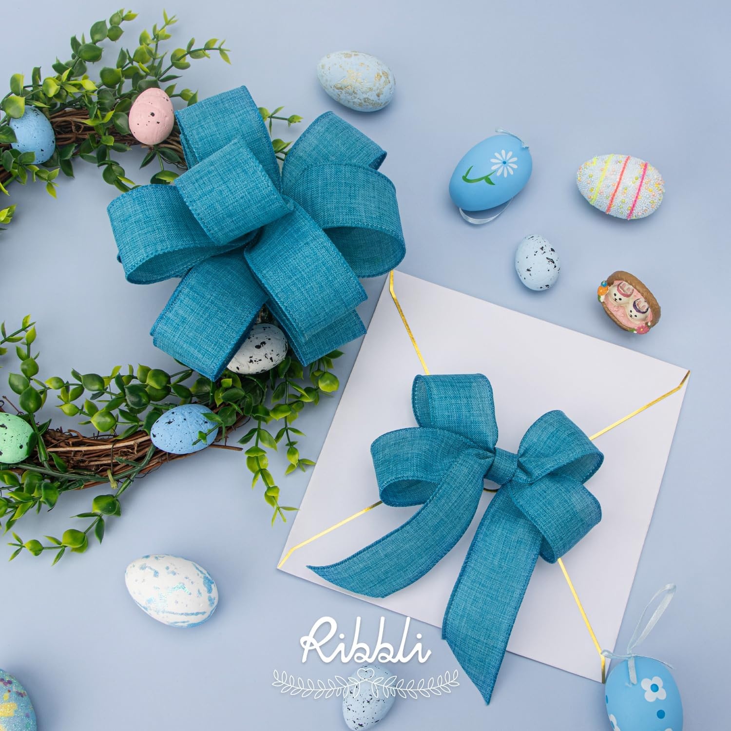 Ribbli Pink Linen Wired Ribbon, 1-1/2 Inch x 10 Yard, Pink Burlap Wired Ribbon for Easter Wreaths, Big Bows, Gift Wrapping, Christmas Tree Decoration(Turquoise Blue)