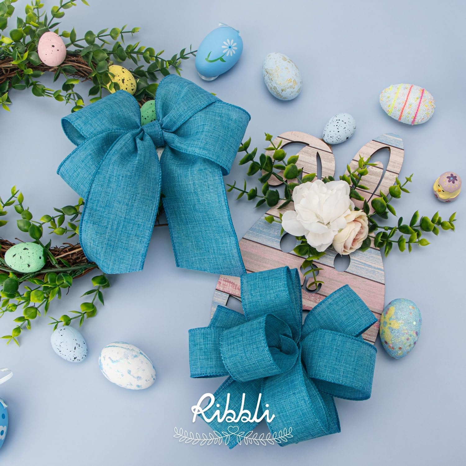 Ribbli Pink Linen Wired Ribbon, 1-1/2 Inch x 10 Yard, Pink Burlap Wired Ribbon for Easter Wreaths, Big Bows, Gift Wrapping, Christmas Tree Decoration(Turquoise Blue)