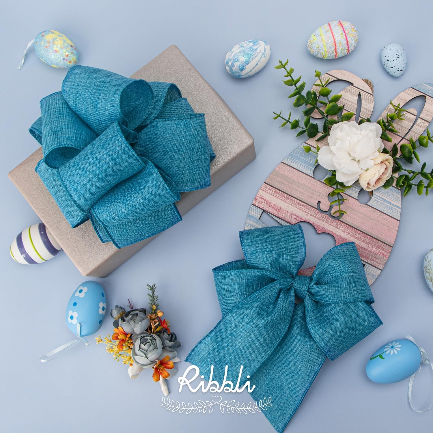 Ribbli Pink Linen Wired Ribbon, 1-1/2 Inch x 10 Yard, Pink Burlap Wired Ribbon for Easter Wreaths, Big Bows, Gift Wrapping, Christmas Tree Decoration(Turquoise Blue)