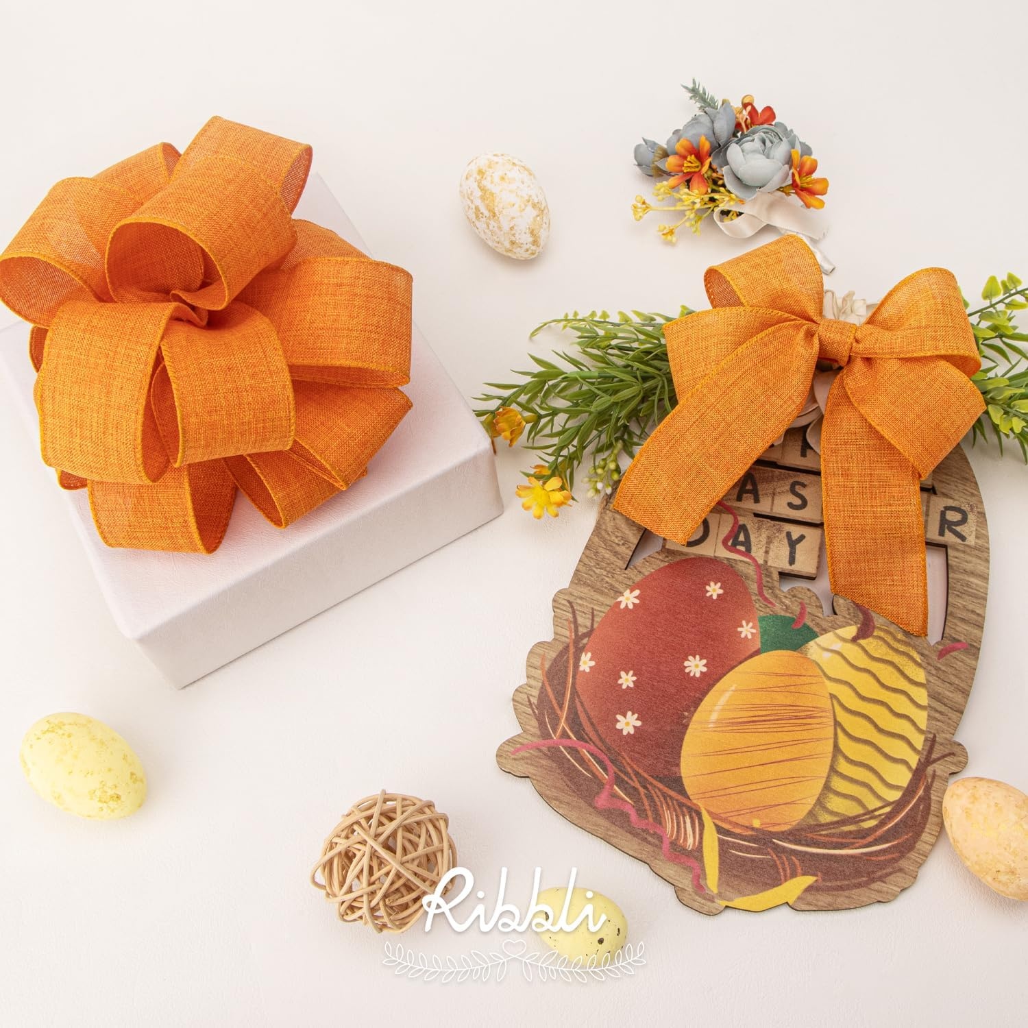 Ribbli Pink Linen Wired Ribbon, 1-1/2 Inch x 10 Yard, Pink Burlap Wired Ribbon for Easter Wreaths, Big Bows, Gift Wrapping, Christmas Tree Decoration(Orange)