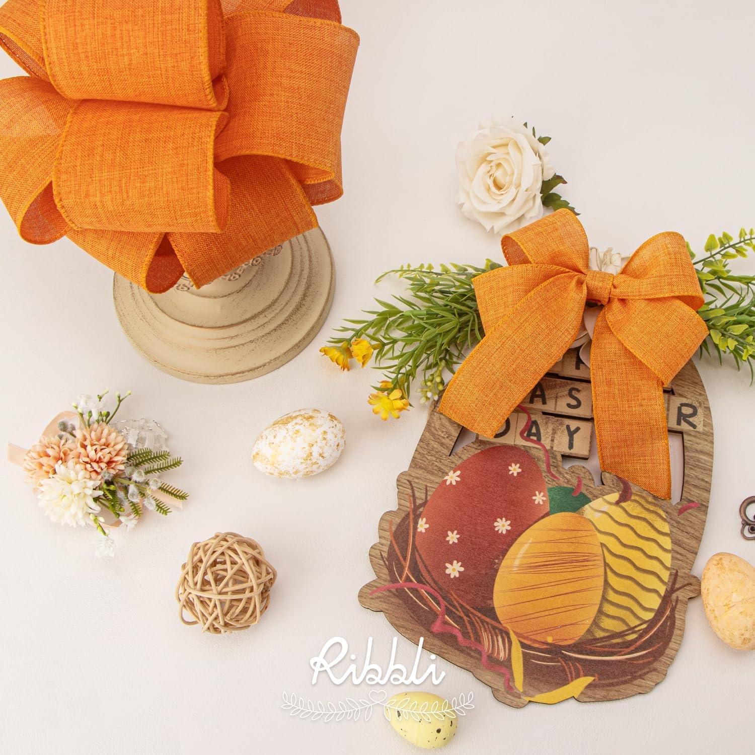 Ribbli Pink Linen Wired Ribbon, 1-1/2 Inch x 10 Yard, Pink Burlap Wired Ribbon for Easter Wreaths, Big Bows, Gift Wrapping, Christmas Tree Decoration(Orange)