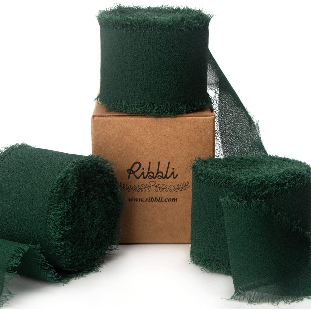 Ribbli Chiffon Silk Ribbon, 1.5 inch x 30 Yard, Champagne/Terracotta/Rust Red Fringe Chiffon Fall Ribbon for Wedding Invitations, Bridal Bouquets Wrapping, Flower Arrangement Decoration(Forest Green)