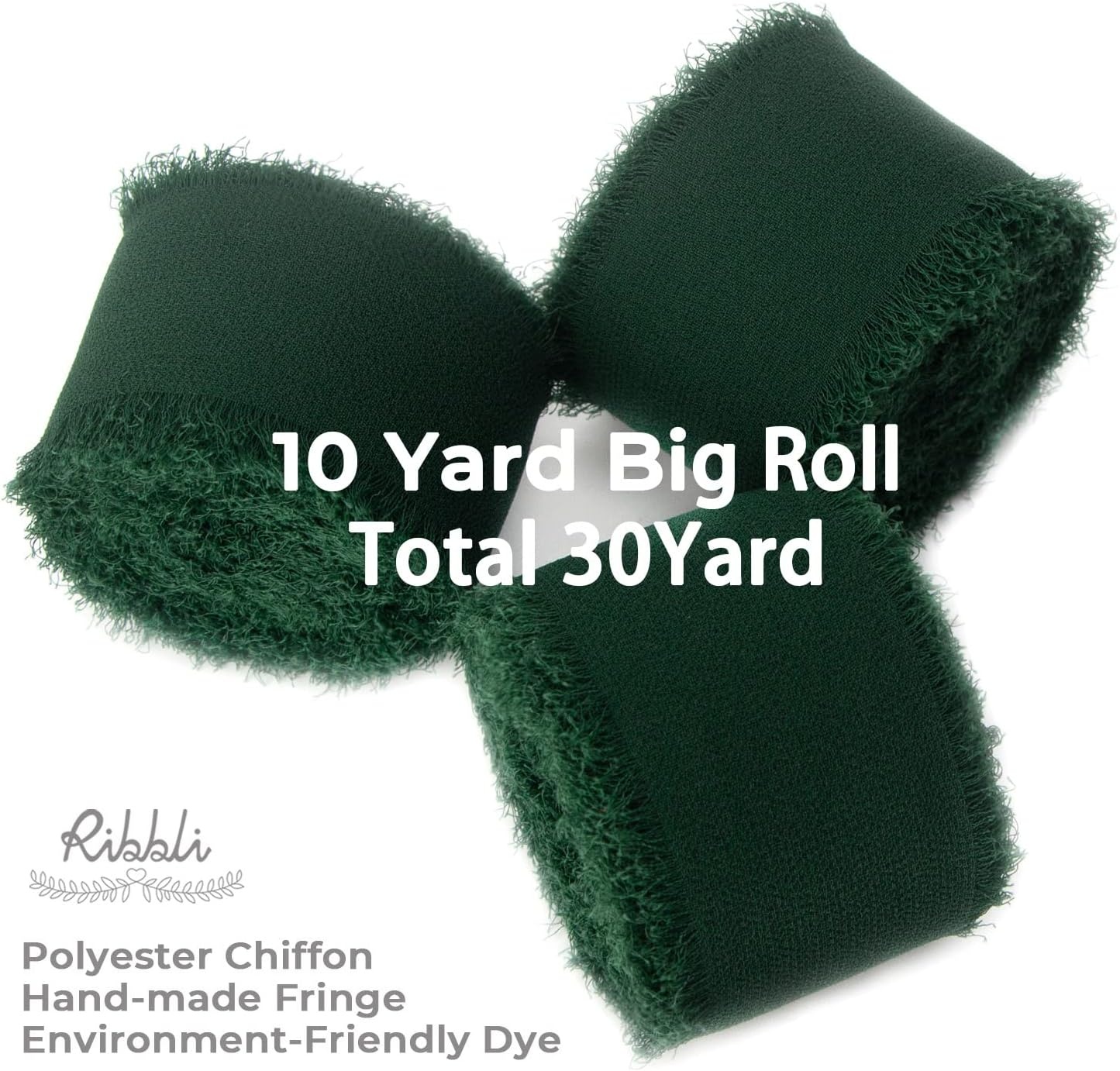 Ribbli Chiffon Silk Ribbon, 1.5 inch x 30 Yard, Champagne/Terracotta/Rust Red Fringe Chiffon Fall Ribbon for Wedding Invitations, Bridal Bouquets Wrapping, Flower Arrangement Decoration(Forest Green)