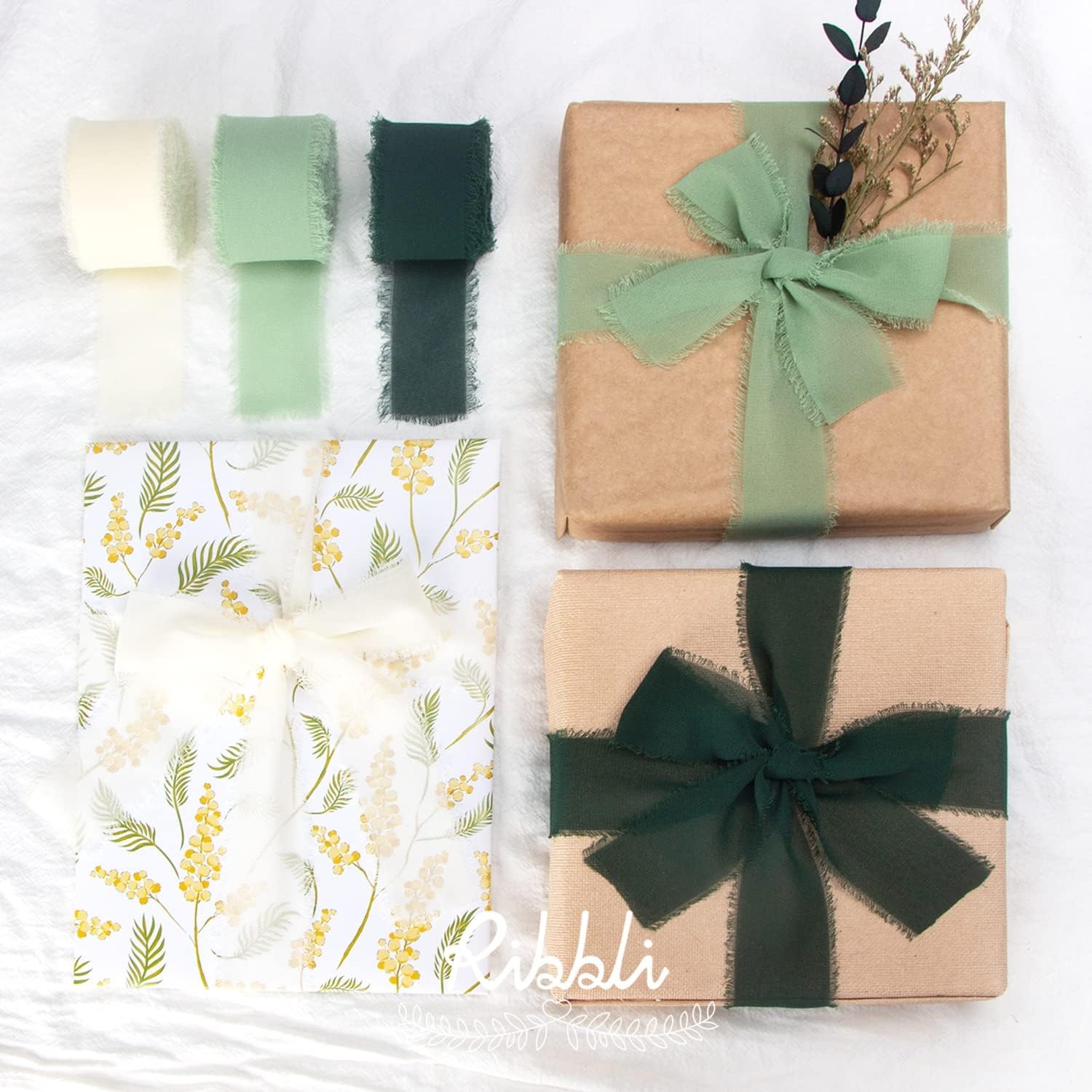 Ribbli Chiffon Silk Ribbon, 1.5 inch x 30 Yard, Champagne/Terracotta/Rust Red Fringe Chiffon Fall Ribbon for Wedding Invitations, Bridal Bouquets Wrapping, Flower Arrangement Decoration(Forest Green)