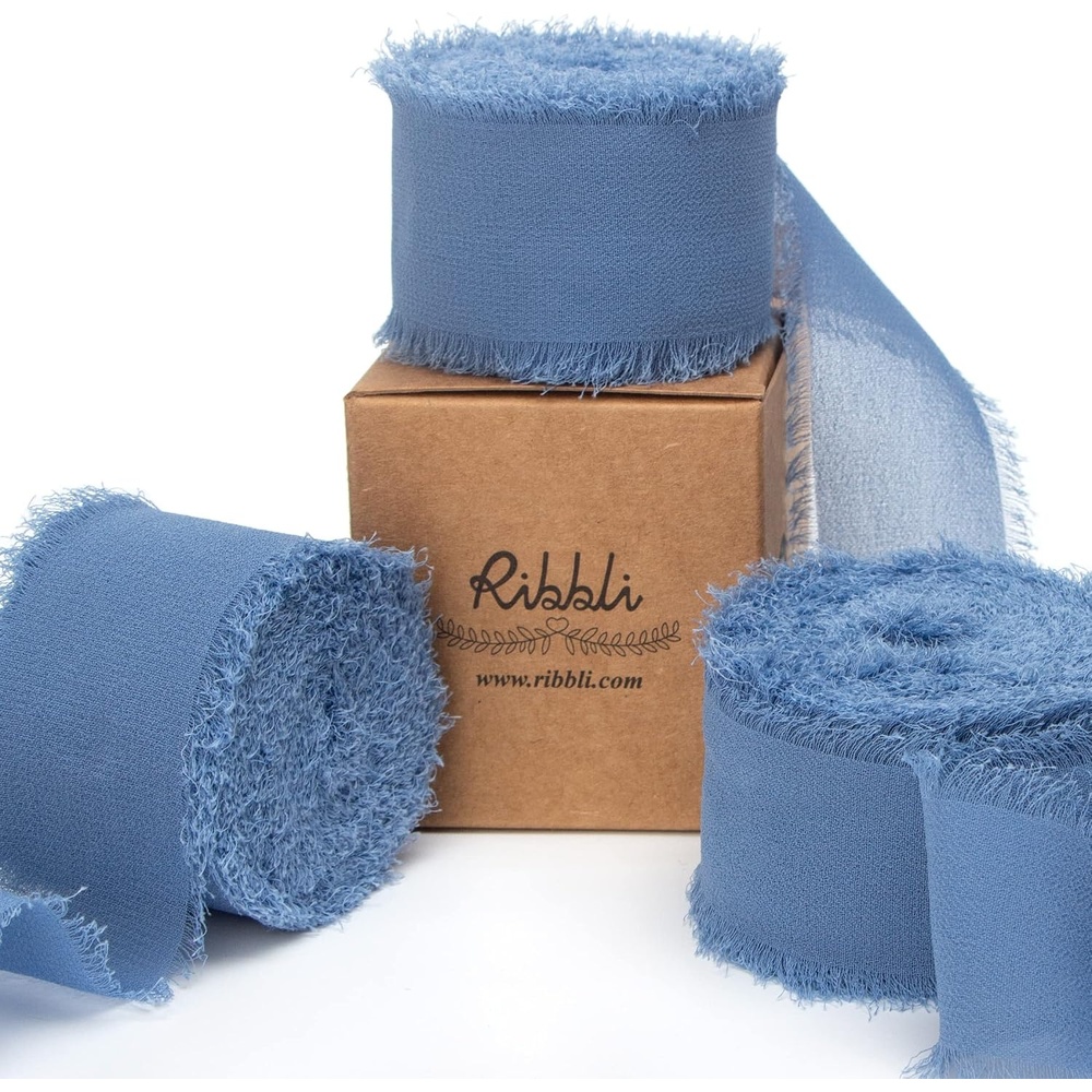 Ribbli Chiffon Silk Ribbon, 1.5 inch x 30 Yard, Champagne/Terracotta/Rust Red Fringe Chiffon Fall Ribbon for Wedding Invitations, Bridal Bouquets Wrapping, Flower Arrangement Decoration(Dusty Blue)