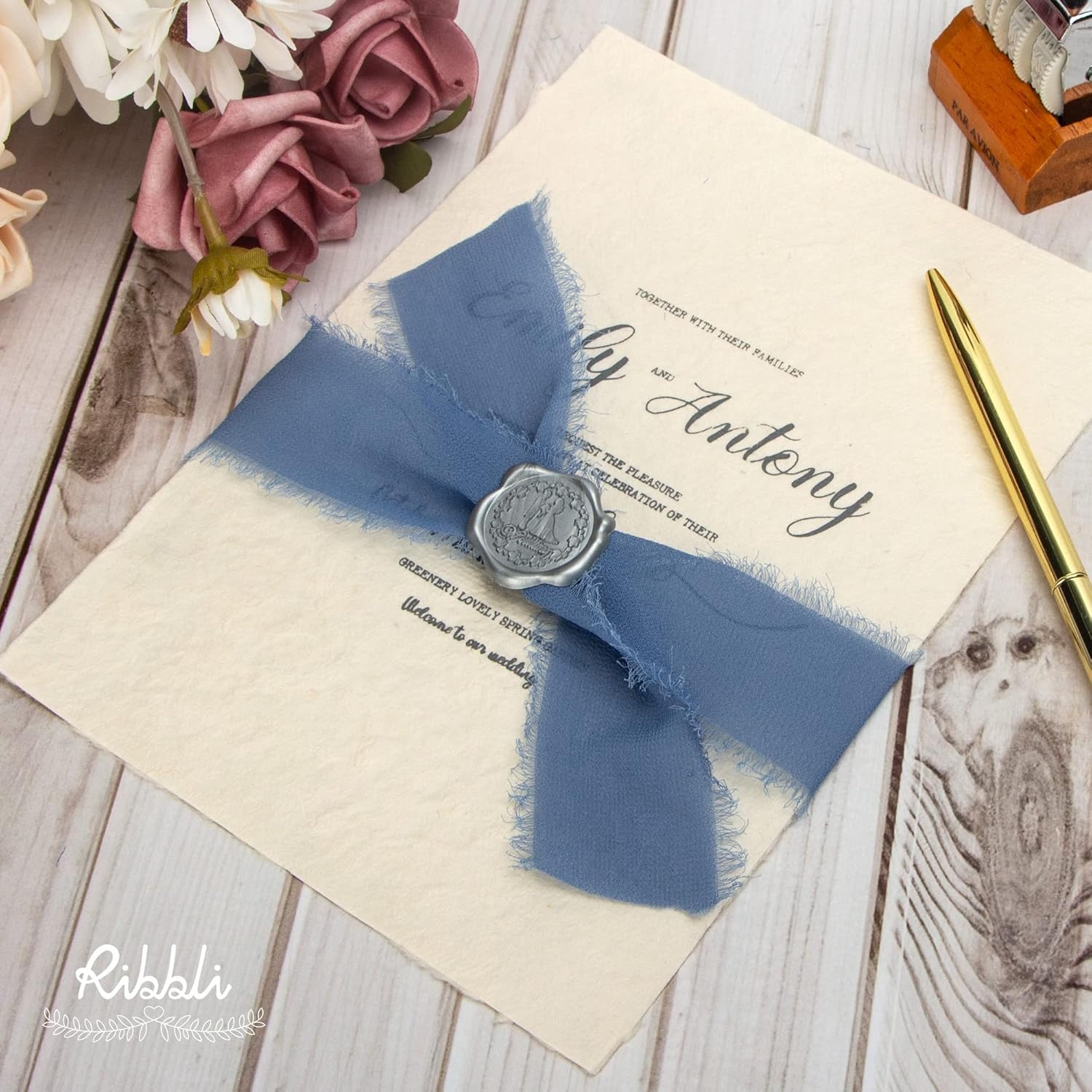 Ribbli Chiffon Silk Ribbon, 1.5 inch x 30 Yard, Champagne/Terracotta/Rust Red Fringe Chiffon Fall Ribbon for Wedding Invitations, Bridal Bouquets Wrapping, Flower Arrangement Decoration(Dusty Blue)