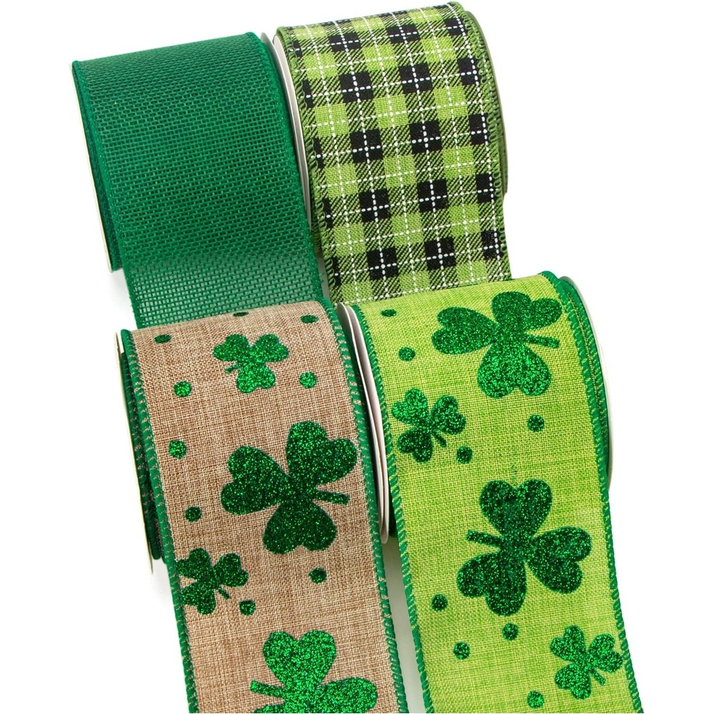 Ribbli St Patricks Day Ribbon Wired-Glitter Shamrock & Green Burlap & Green Plaid 2-1/2 Inch Total 60 Feets(20 Yards) 4 Rolls Shamrock Ribbon for Craft Wreath Decoration