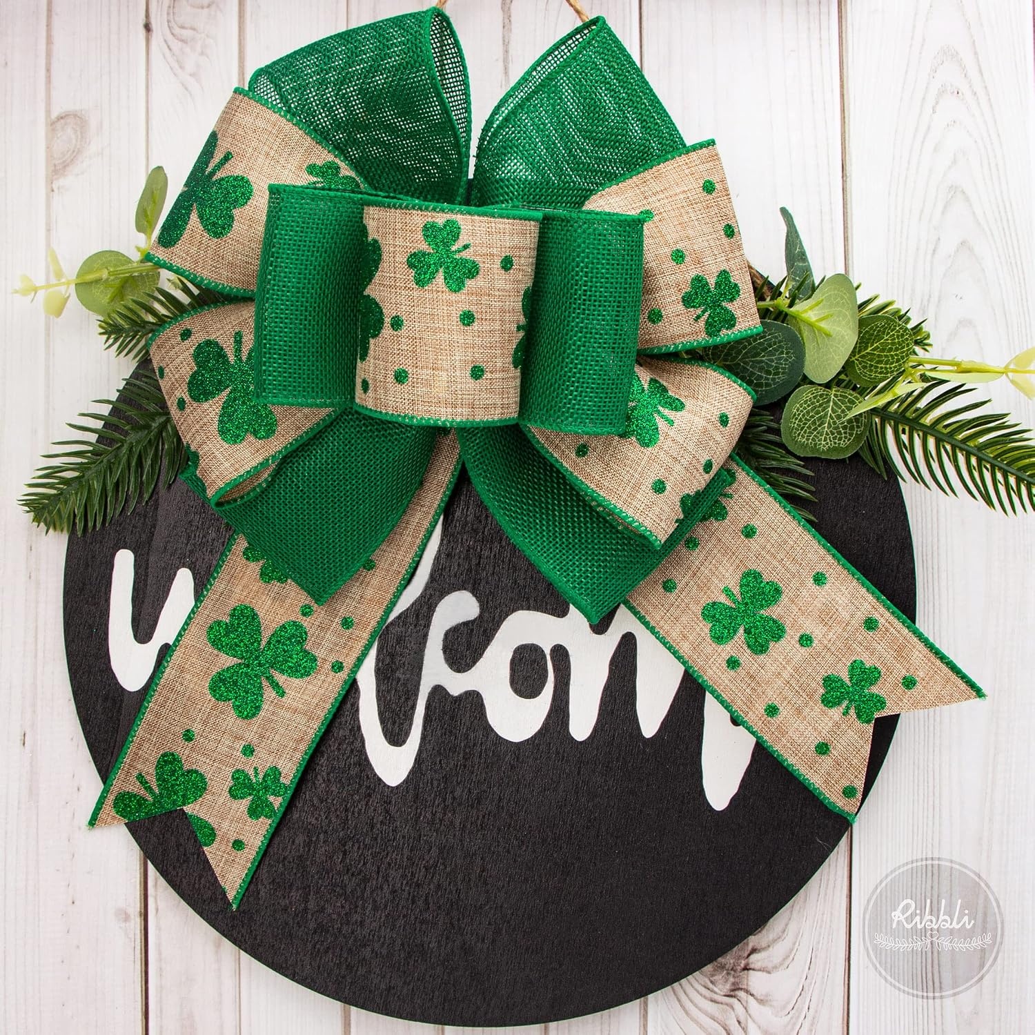 Ribbli St Patricks Day Ribbon Wired-Glitter Shamrock & Green Burlap & Green Plaid 2-1/2 Inch Total 60 Feets(20 Yards) 4 Rolls Shamrock Ribbon for Craft Wreath Decoration