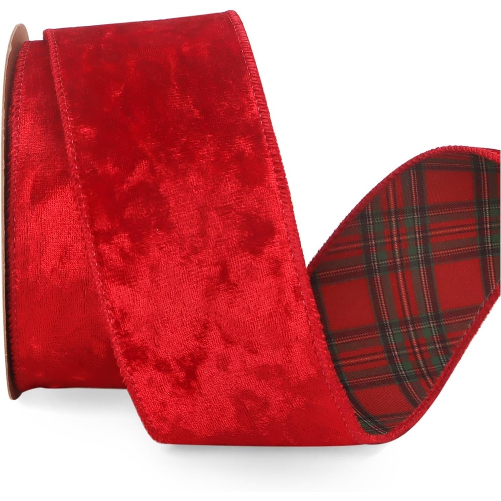 Ribbli Red Crushed Velvet Wired Ribbon with Red Plaid Reversible 4 Inch Christmas Ribbon for Gift Wrapping Christmas Tree Decoration Crafts Wreaths Supplies-10 Yards(Red/Green/Black)