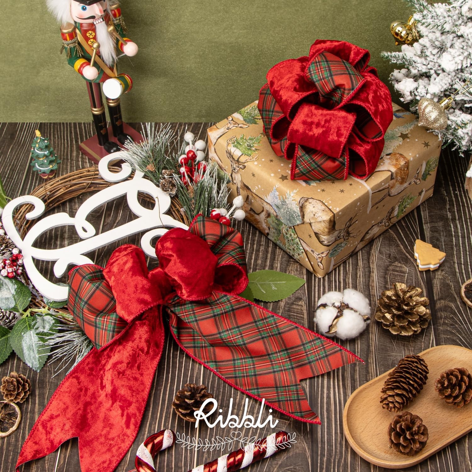 Ribbli Red Crushed Velvet Wired Ribbon with Red Plaid Reversible 4 Inch Christmas Ribbon for Gift Wrapping Christmas Tree Decoration Crafts Wreaths Supplies-10 Yards(Red/Green/Black)