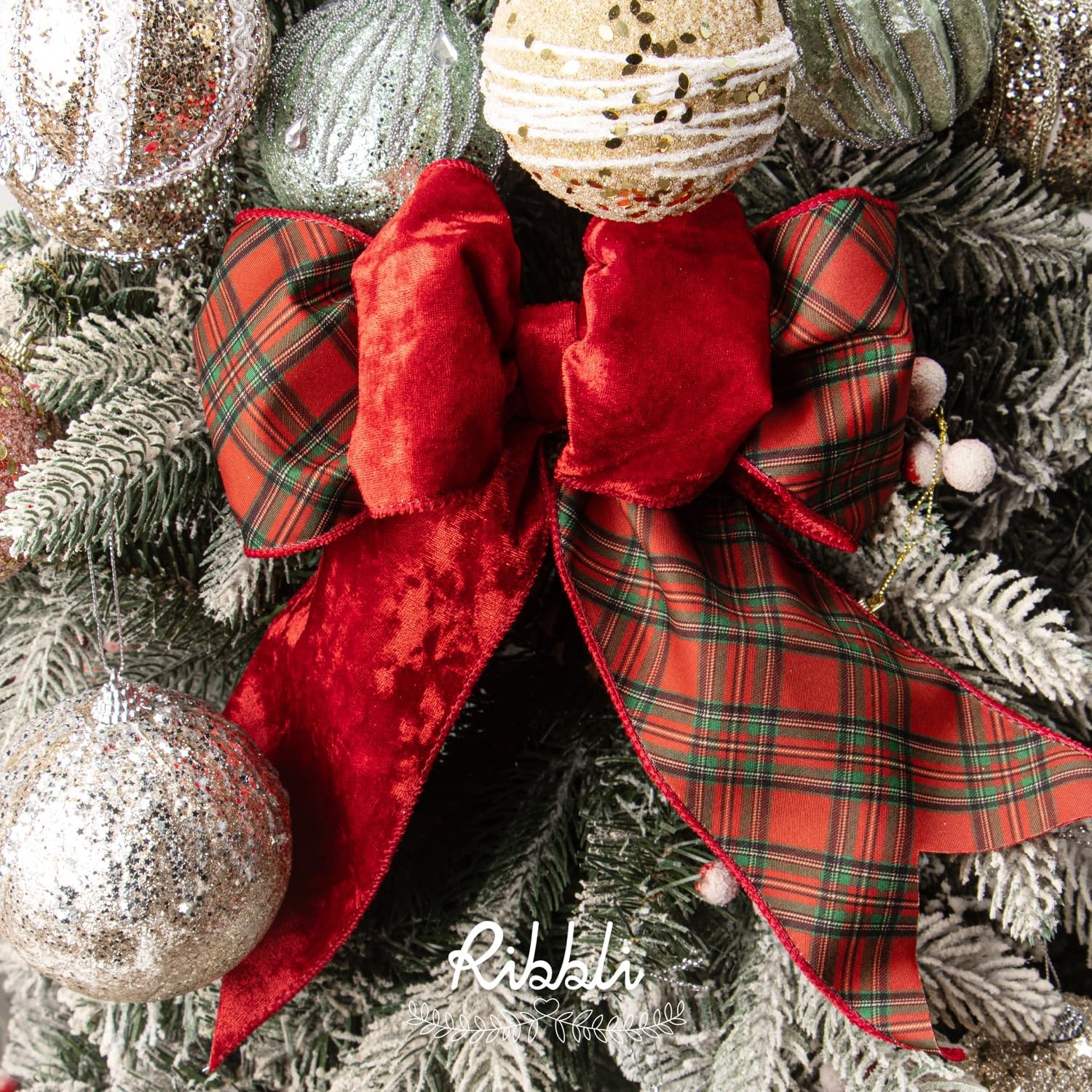 Ribbli Red Crushed Velvet Wired Ribbon with Red Plaid Reversible 4 Inch Christmas Ribbon for Gift Wrapping Christmas Tree Decoration Crafts Wreaths Supplies-10 Yards(Red/Green/Black)