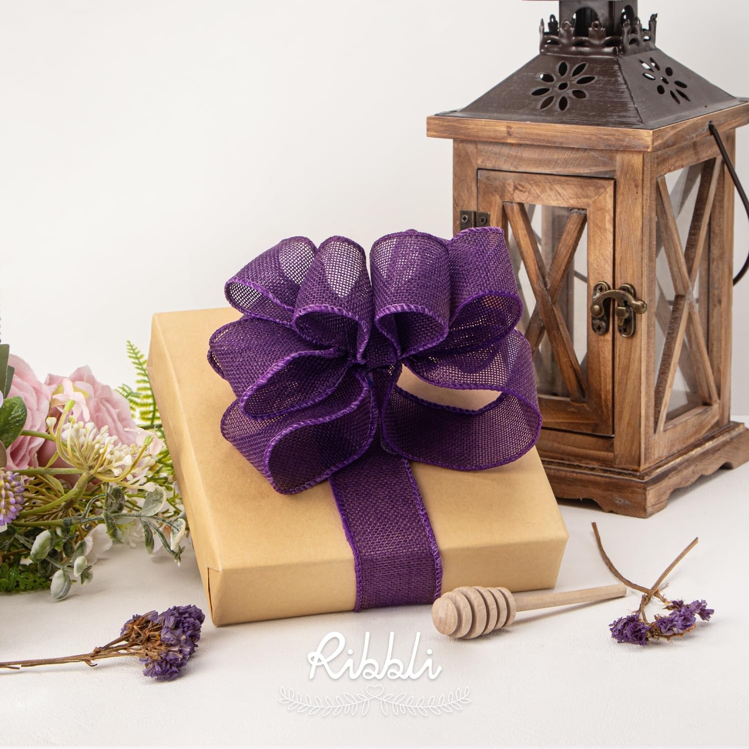 Ribbli Pink Burlap Valentine’s Day Wired Ribbon,1-1/2 Inch x 10 Yard,Easter Wired Edge Ribbon for Big Bow,Wreath,Tree Decoration,Outdoor Decoration(Dk.Purple)