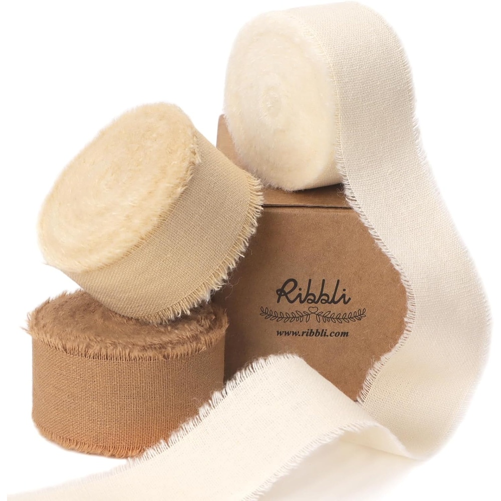 Ribbli 3 Rolls Dusty Blue Ribbon 1.5 Inch x 18Yards Handmade Cotton Frayed Fringe Ribbons for Gift Wrapping Wedding Invites Bridal Bouquets Baby Shower DIY Crafts Home Decor(Ivory/Nude/Khaki)