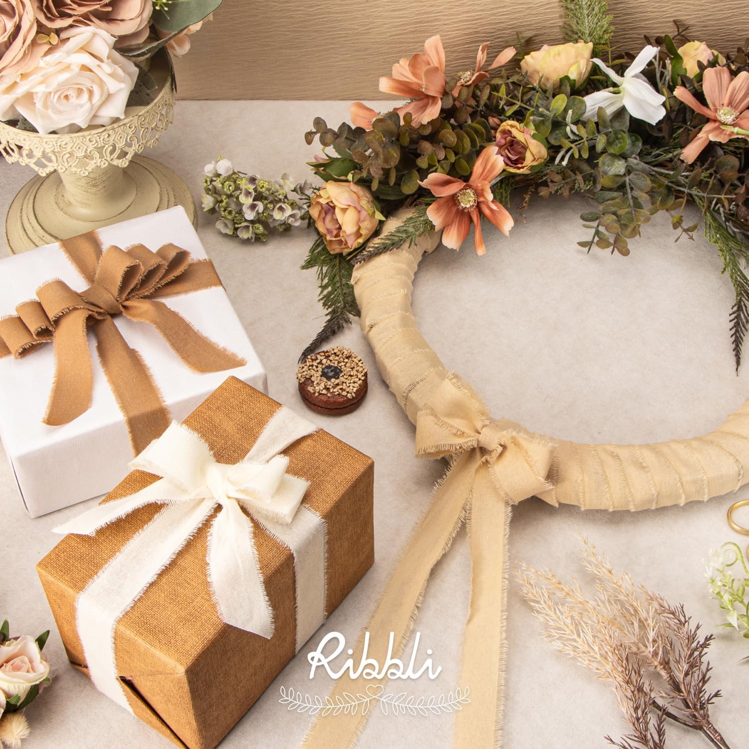 Ribbli 3 Rolls Dusty Blue Ribbon 1.5 Inch x 18Yards Handmade Cotton Frayed Fringe Ribbons for Gift Wrapping Wedding Invites Bridal Bouquets Baby Shower DIY Crafts Home Decor(Ivory/Nude/Khaki)
