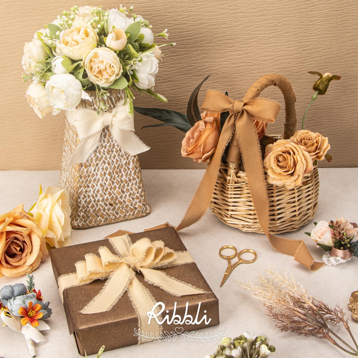 Ribbli 3 Rolls Dusty Blue Ribbon 1.5 Inch x 18Yards Handmade Cotton Frayed Fringe Ribbons for Gift Wrapping Wedding Invites Bridal Bouquets Baby Shower DIY Crafts Home Decor(Ivory/Nude/Khaki)