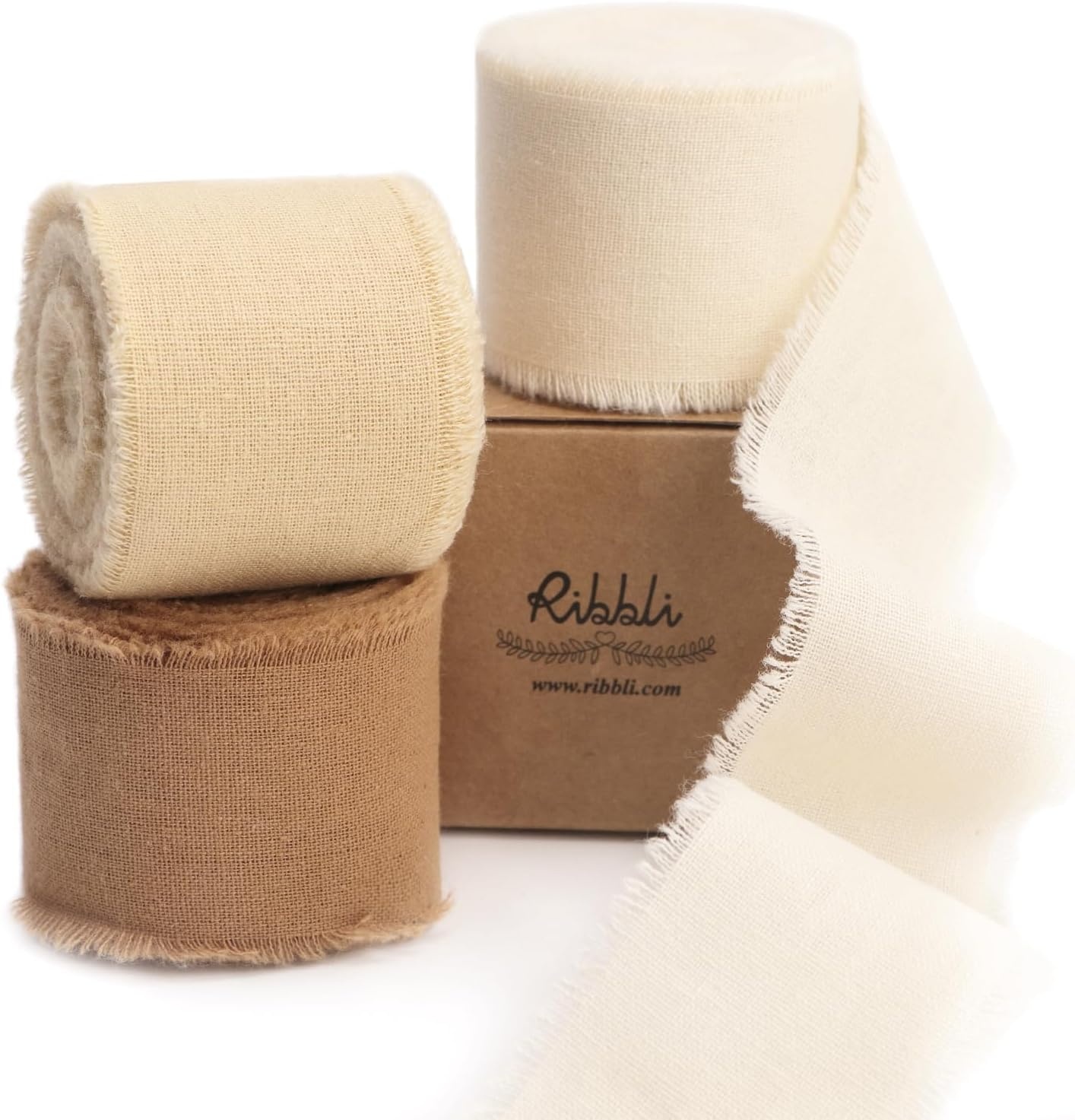 Ribbli 3 Rolls Dusty Blue Ribbon 1.5 Inch x 18Yards Handmade Cotton Frayed Fringe Ribbons for Gift Wrapping Wedding Invites Bridal Bouquets Baby Shower DIY Crafts Home Decor(Ivory/Nude/Khaki)