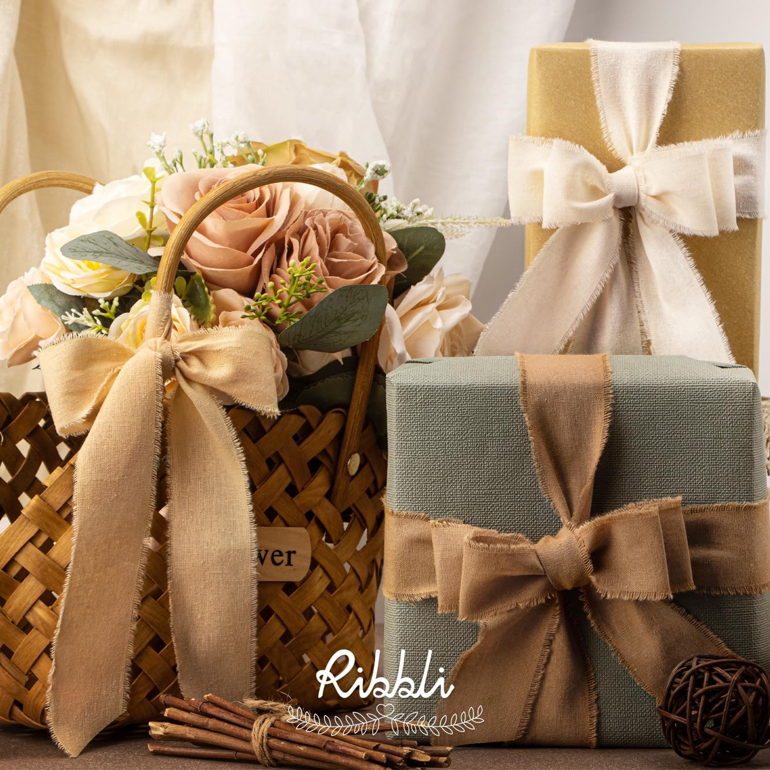Ribbli 3 Rolls Dusty Blue Ribbon 1.5 Inch x 18Yards Handmade Cotton Frayed Fringe Ribbons for Gift Wrapping Wedding Invites Bridal Bouquets Baby Shower DIY Crafts Home Decor(Ivory/Nude/Khaki)