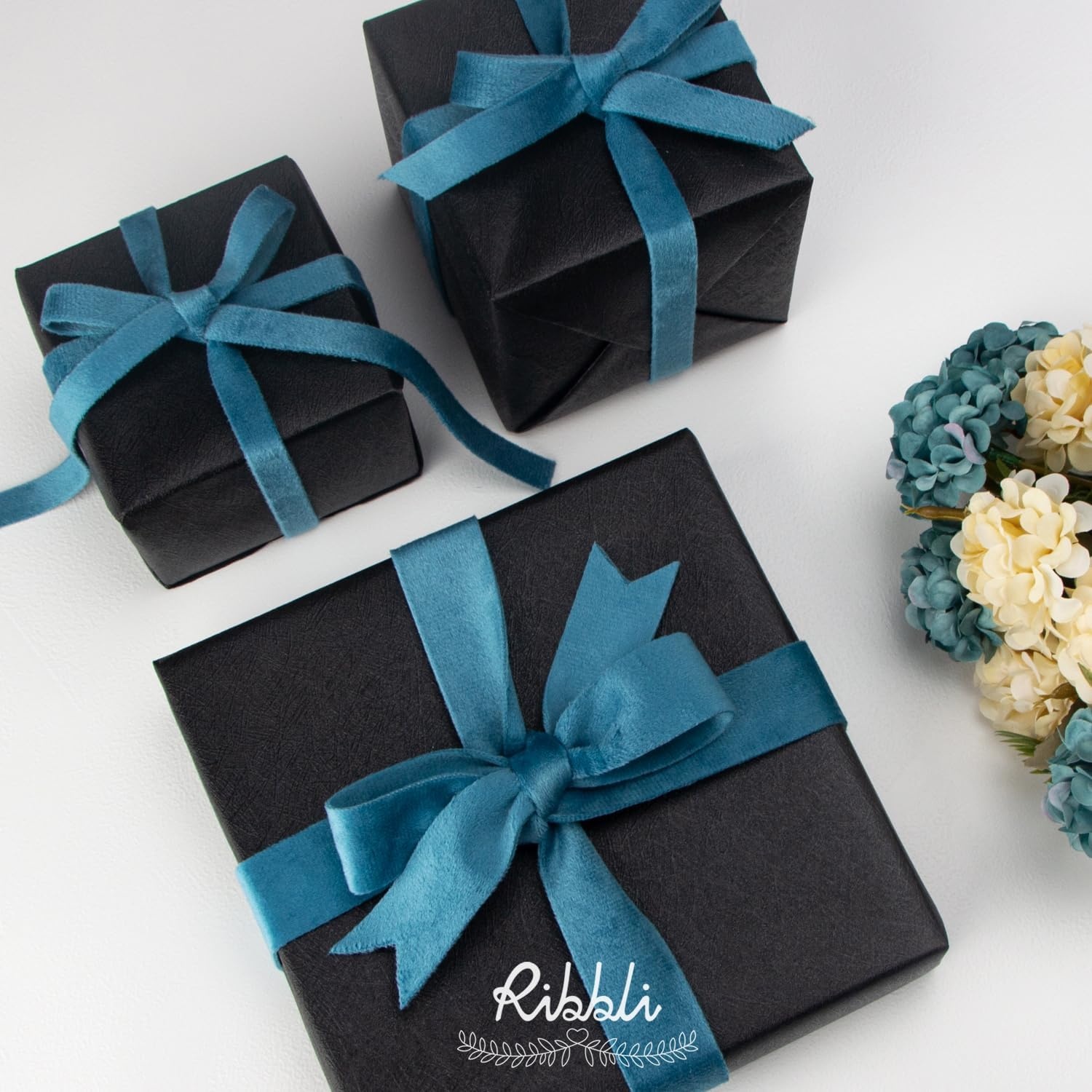 Ribbli Antique Gold Velvet Ribbon Double Faced 1 Inch 10-Yard Spool Gold Ribbon Use for Christmas Tree Ornaments Gift Wrapping Wreath Decoration Wedding Boutonnieres(Dusty Turquoise)