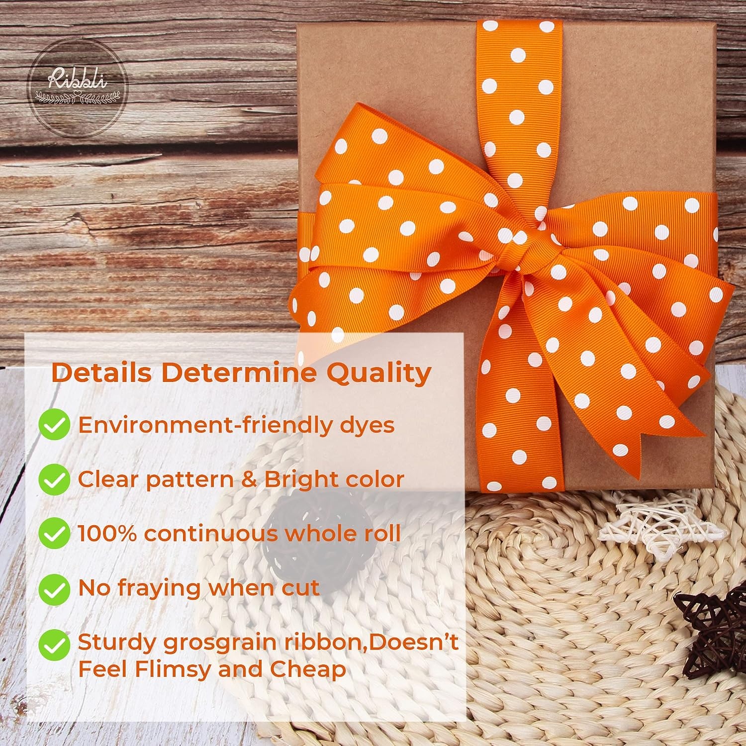 Ribbli Grosgrain Polka Dot Craft Ribbon,1-1/2 Inch,10-Yard Spool,Black with White Dots,Use for Hair Bows,Gift Wrapping,All Crafting and Sewing(Tangerine/White)