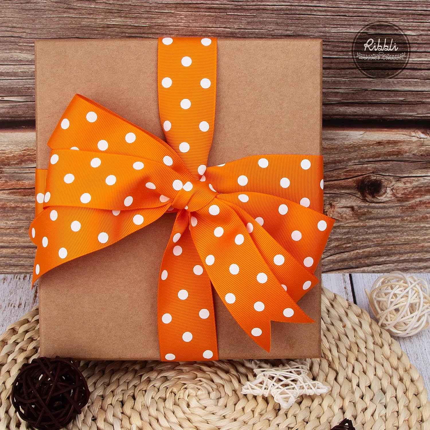 Ribbli Grosgrain Polka Dot Craft Ribbon,1-1/2 Inch,10-Yard Spool,Black with White Dots,Use for Hair Bows,Gift Wrapping,All Crafting and Sewing(Tangerine/White)