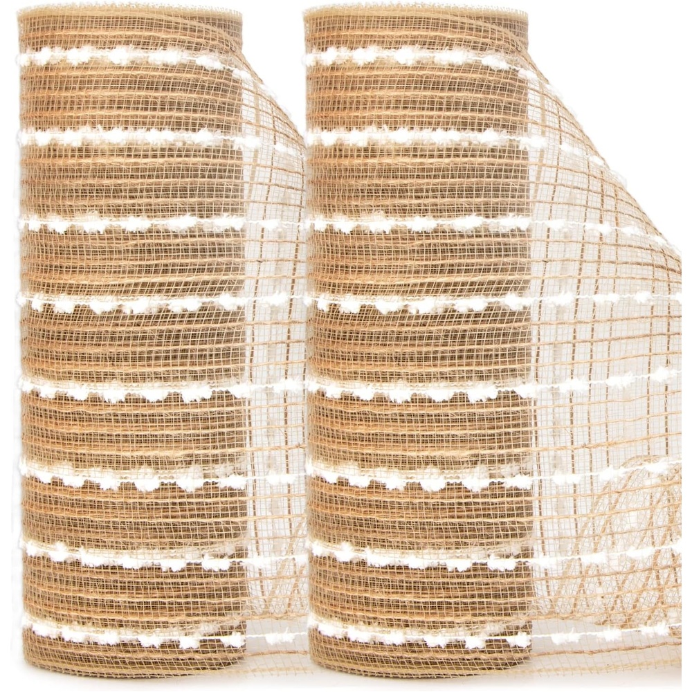 Ribbli 2 Rolls Champagne Gold Metallic Mesh Ribbon Champagne Gold Deluxe Foil Christmas Ribbon for Christmas Tree Wreath Swags Wedding Garland 10 inch x 30 feet(10Yard) Per Roll(Beige/White)