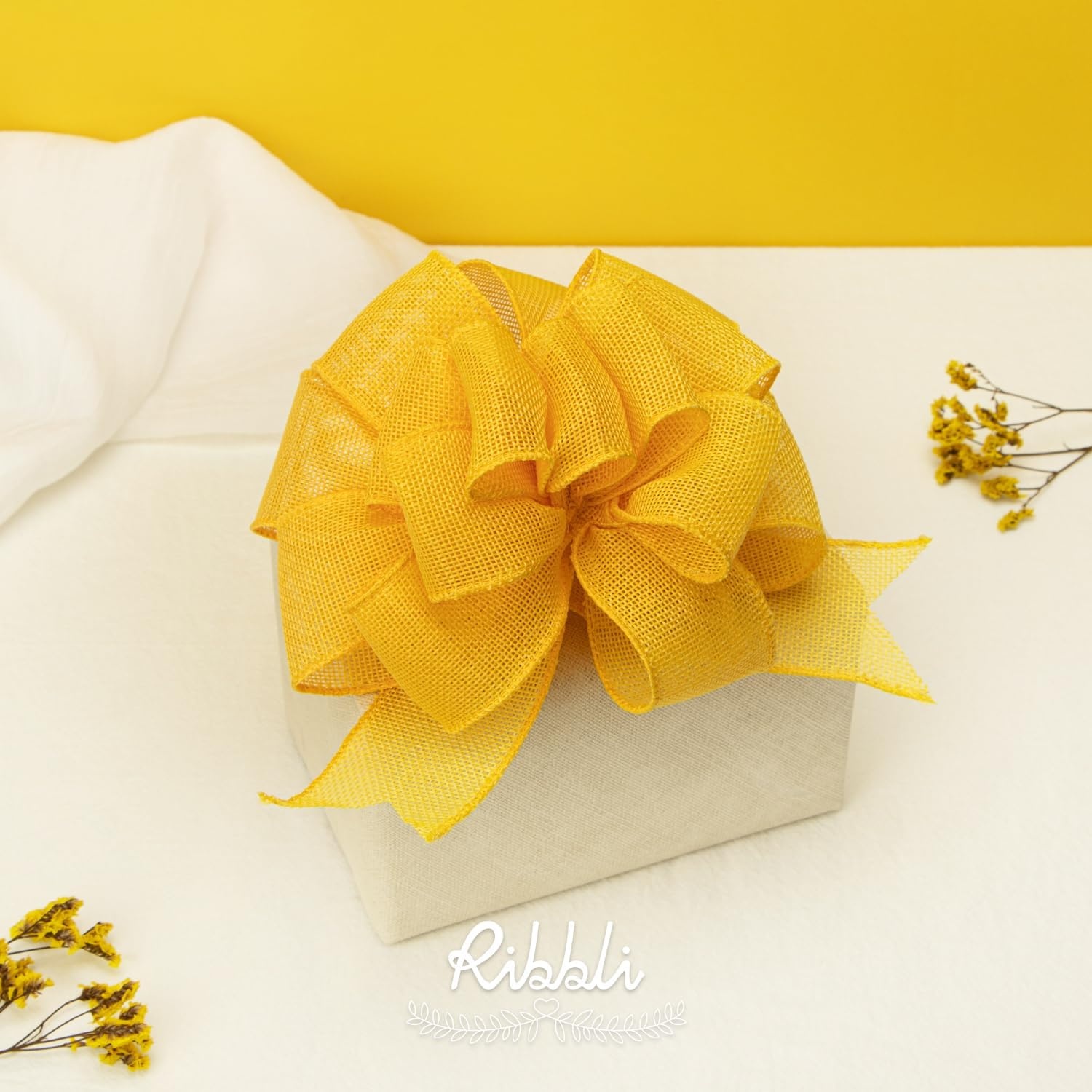 Ribbli Pink Burlap Valentine’s Day Wired Ribbon,2 Inch x Continuous 10 Yard, Easter Wired Edge Ribbon for Big Bow,Wreath,Tree Decoration,Outdoor Decoration(Yellow)