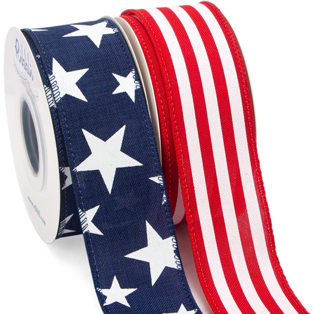 Ribbli Patriotic Wired Ribbon, 2 Rolls Navy Star and Red Stripe Burlap Polyester Ribbon, 1-1/2 Inch Total 60 Feet (20 Yards), Perfect for Crafts, Wreath, 4th of July Decorations