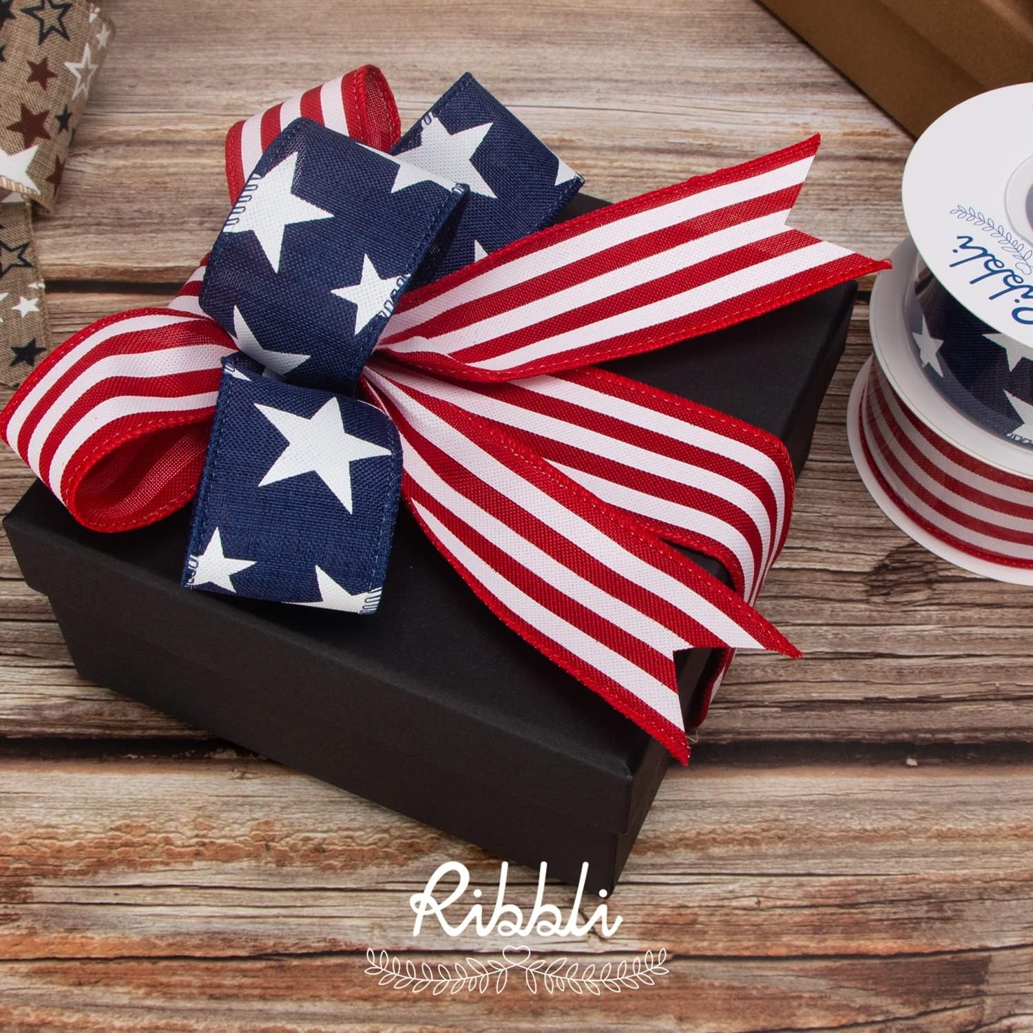 Ribbli Patriotic Wired Ribbon, 2 Rolls Navy Star and Red Stripe Burlap Polyester Ribbon, 1-1/2 Inch Total 60 Feet (20 Yards), Perfect for Crafts, Wreath, 4th of July Decorations