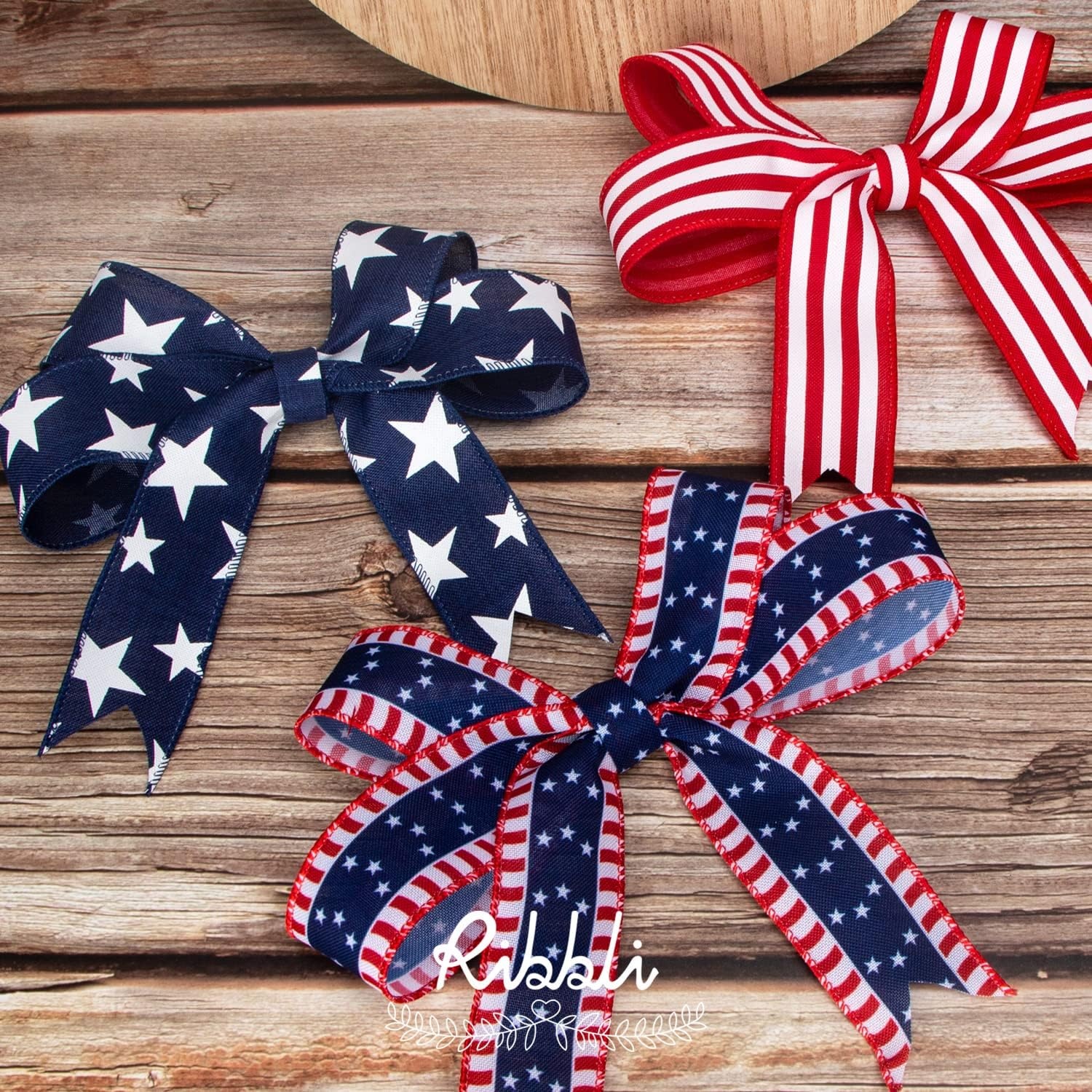 Ribbli Patriotic Wired Ribbon, 2 Rolls Navy Star and Red Stripe Burlap Polyester Ribbon, 1-1/2 Inch Total 60 Feet (20 Yards), Perfect for Crafts, Wreath, 4th of July Decorations