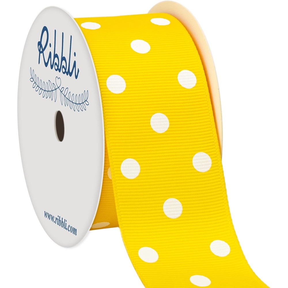 Ribbli Grosgrain Polka Dot Craft Ribbon,1-1/2 Inch,10-Yard Spool,Black with White Dots,Use for Hair Bows,Gift Wrapping,All Crafting and Sewing(Daffodil/White)