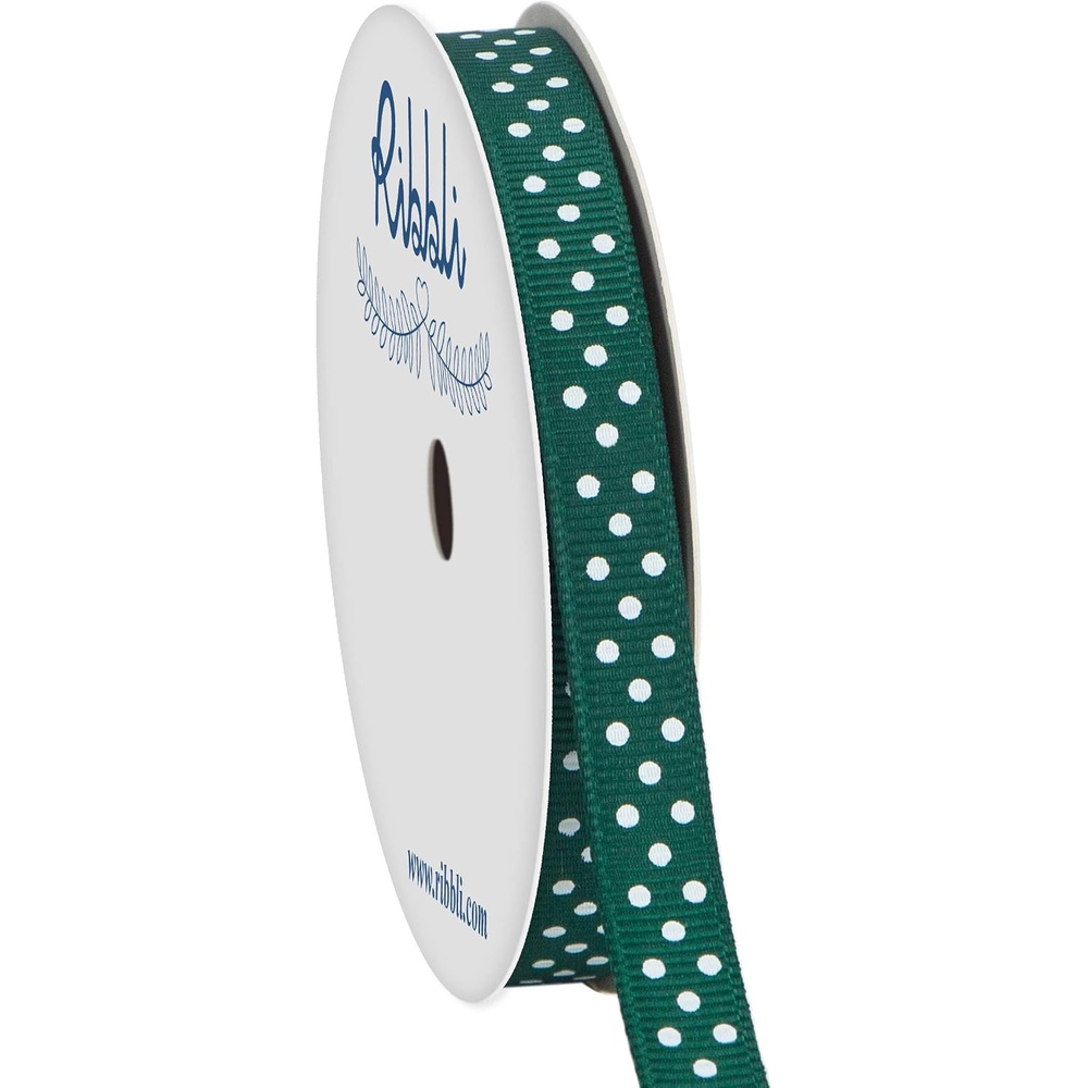Ribbli Grosgrain Polka Dot Craft Ribbon,3/8 Inch,10-Yard Spool,Black with White Dots,Use for Gift Wrapping,Party Decoration,All Crafting and Sewing(Hunter Green/White)