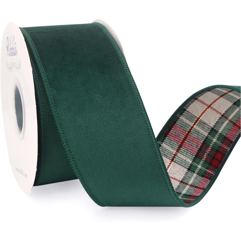 Ribbli Red Velvet Wired Ribbon with Metallic Plaid Reversible 2.5 Inch Christmas Ribbon for Gift Wrapping Christmas Tree Decoration Crafts Wreaths Supplies-Continuous 10 Yards(Forest Green)