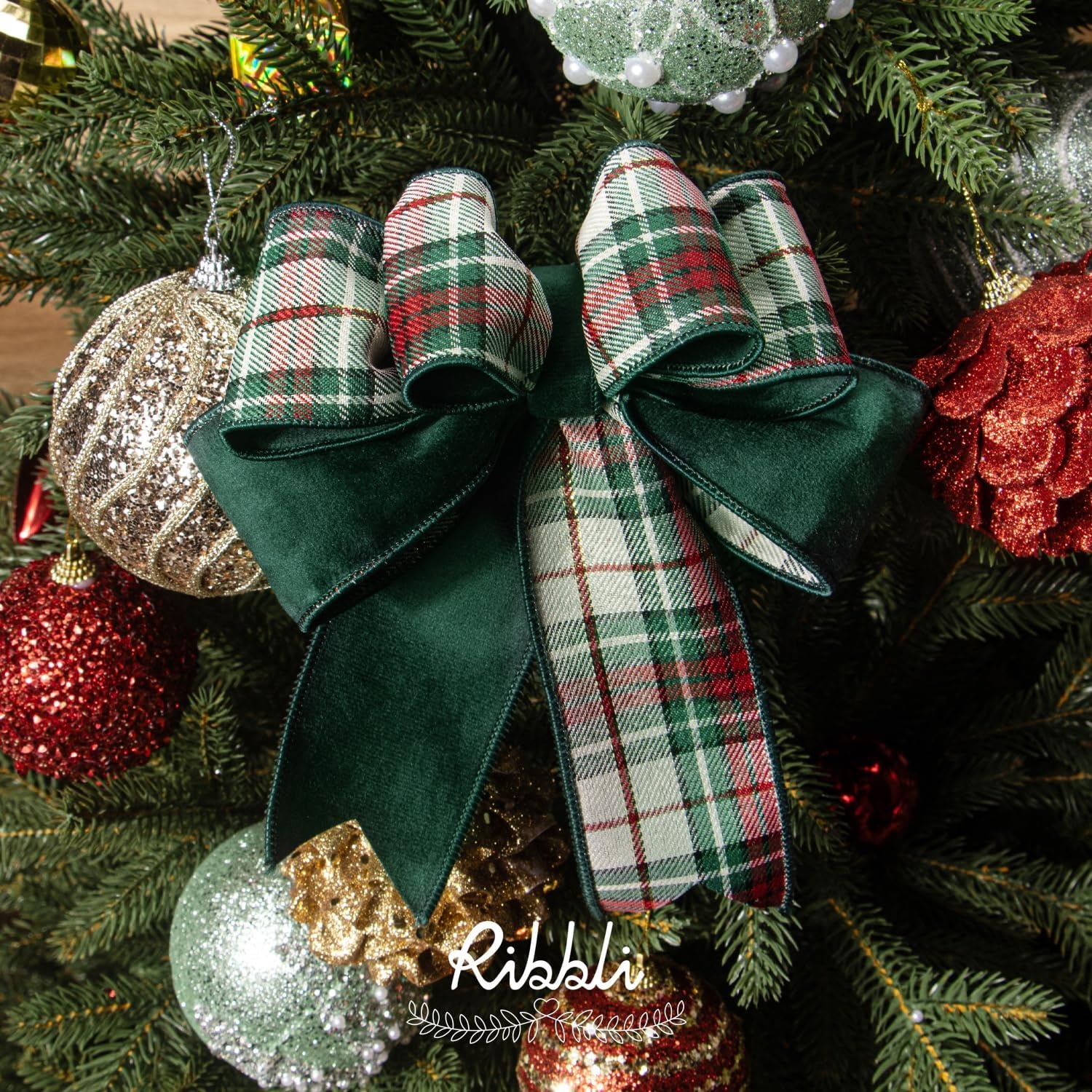 Ribbli Red Velvet Wired Ribbon with Metallic Plaid Reversible 2.5 Inch Christmas Ribbon for Gift Wrapping Christmas Tree Decoration Crafts Wreaths Supplies-Continuous 10 Yards(Forest Green)