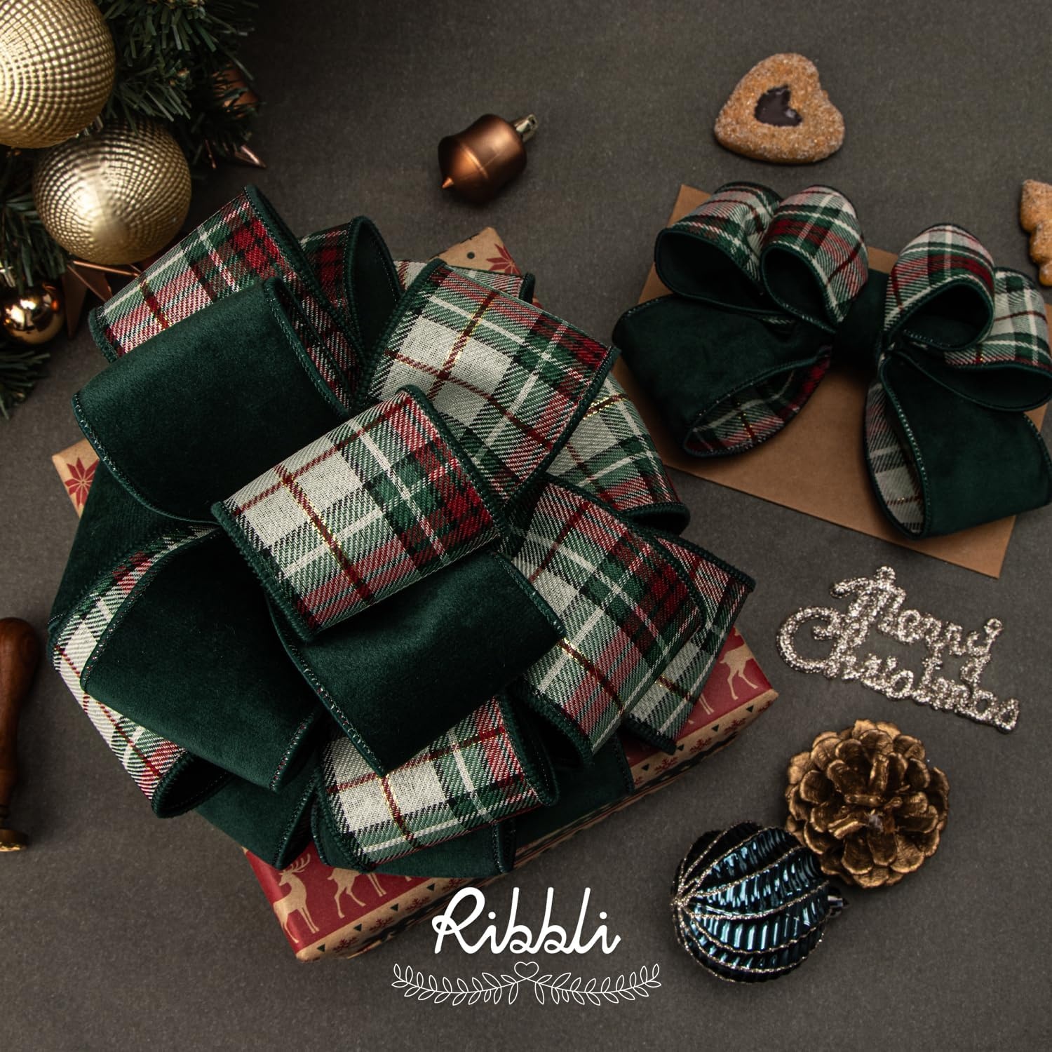 Ribbli Red Velvet Wired Ribbon with Metallic Plaid Reversible 2.5 Inch Christmas Ribbon for Gift Wrapping Christmas Tree Decoration Crafts Wreaths Supplies-Continuous 10 Yards(Forest Green)