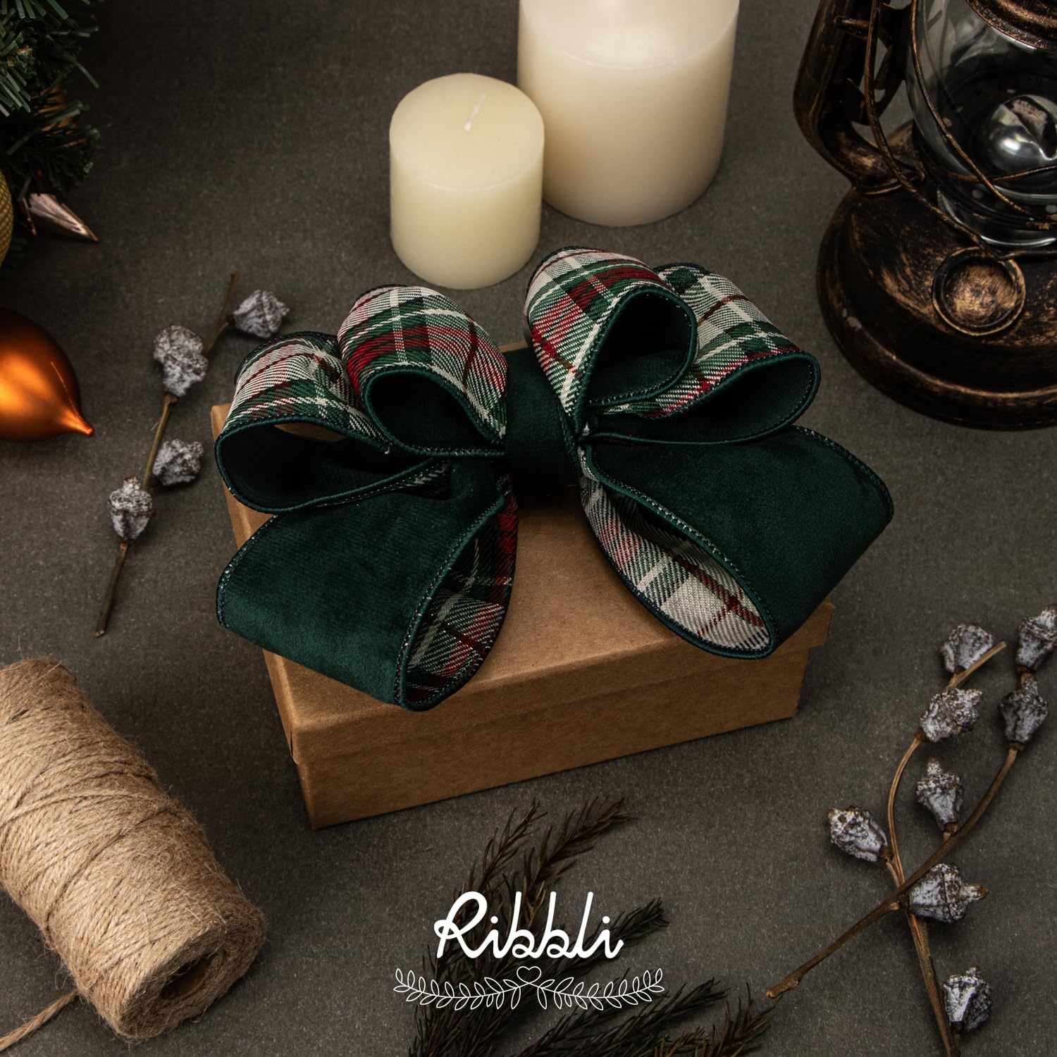 Ribbli Red Velvet Wired Ribbon with Metallic Plaid Reversible 2.5 Inch Christmas Ribbon for Gift Wrapping Christmas Tree Decoration Crafts Wreaths Supplies-Continuous 10 Yards(Forest Green)
