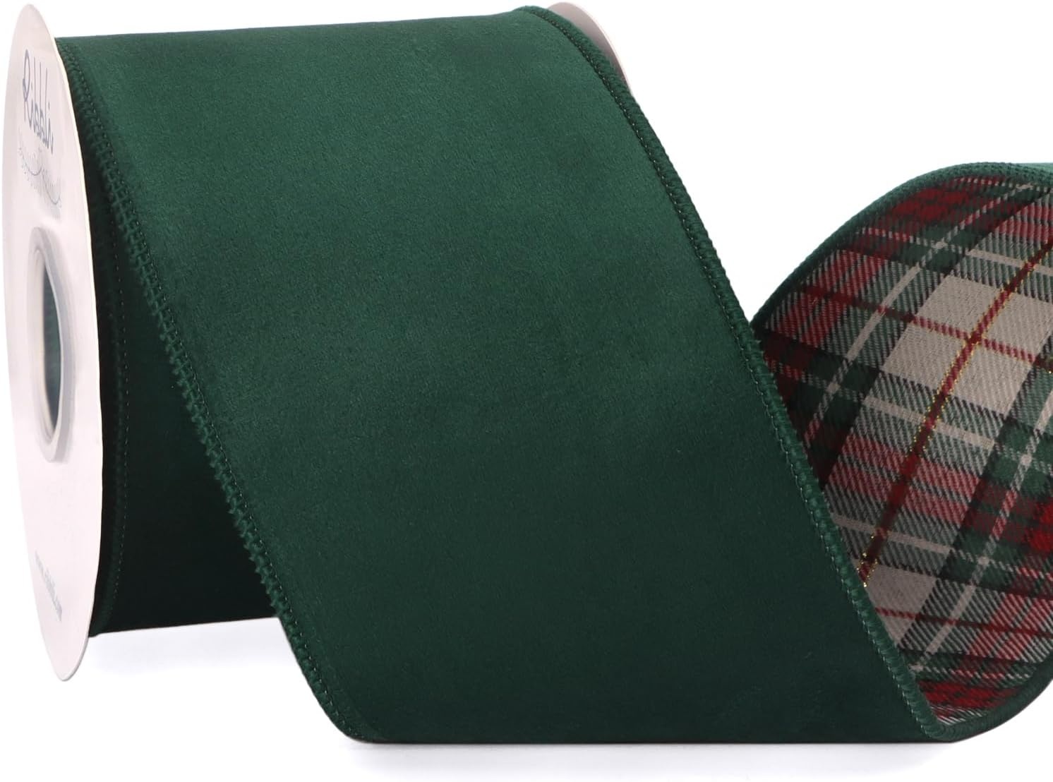Ribbli Red Velvet Wired Ribbon with Metallic Plaid Reversible 2.5 Inch Christmas Ribbon for Gift Wrapping Christmas Tree Decoration Crafts Wreaths Supplies-Continuous 10 Yards(Forest Green)