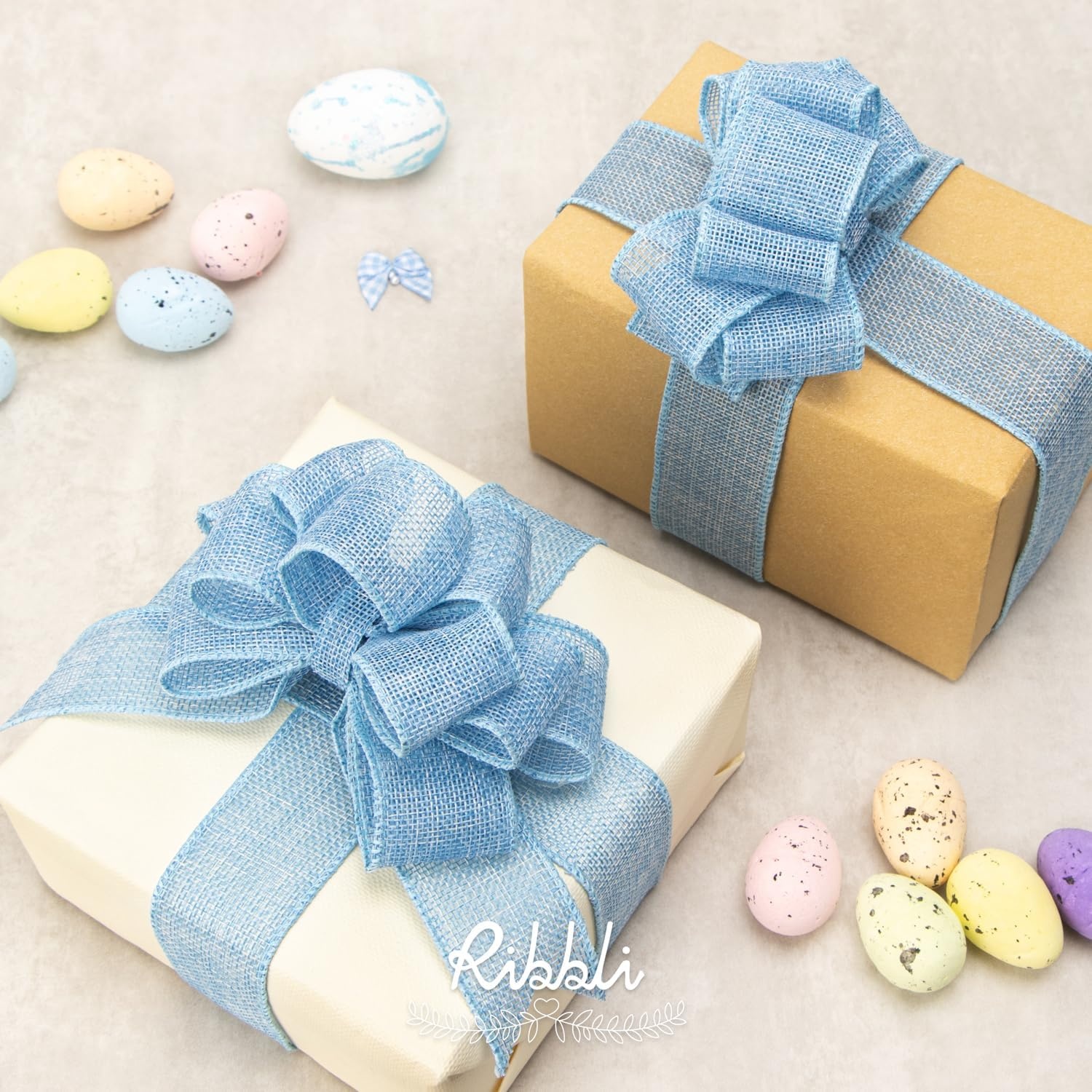 Ribbli Pink Burlap Valentine’s Day Wired Ribbon,1-1/2 Inch x 10 Yard,Easter Wired Edge Ribbon for Big Bow,Wreath,Tree Decoration,Outdoor Decoration(Baby Blue)