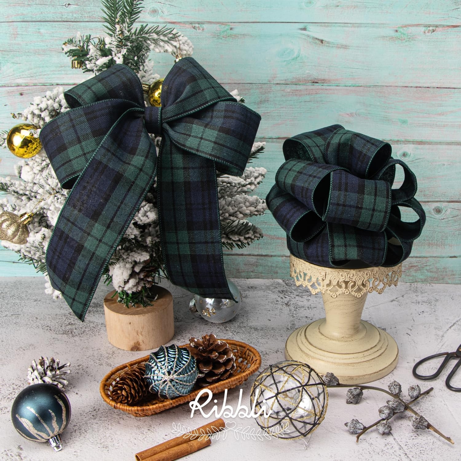 Ribbli Christmas Plaid Wired Ribbon, Green Blue Plaid Ribbon 1-1/2 Inch x Continuous 10 Yard, Christmas Ribbon for Gift Wrapping, Big Bow, Wreath(Blue/Green)