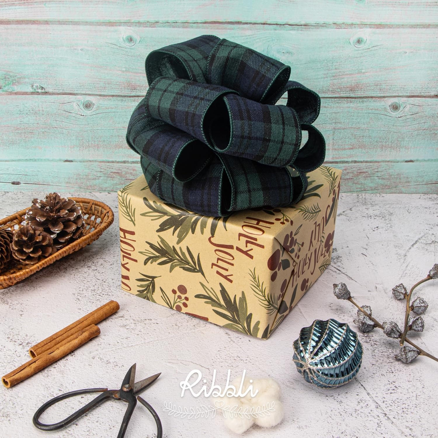 Ribbli Christmas Plaid Wired Ribbon, Green Blue Plaid Ribbon 1-1/2 Inch x Continuous 10 Yard, Christmas Ribbon for Gift Wrapping, Big Bow, Wreath(Blue/Green)