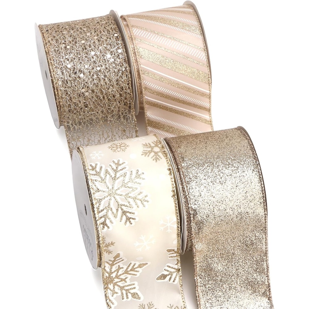 Ribbli Silver Wired Ribbon for Christmas Tree,Glitter Mesh Snowflake Stripe Christmas Ribbon for Crafts,Wreaths,Topper Bow,Gift Wrapping,Tree Decoration-4Rolls 2-1/2 Inch Total 40 Yard(Champagne Gold)