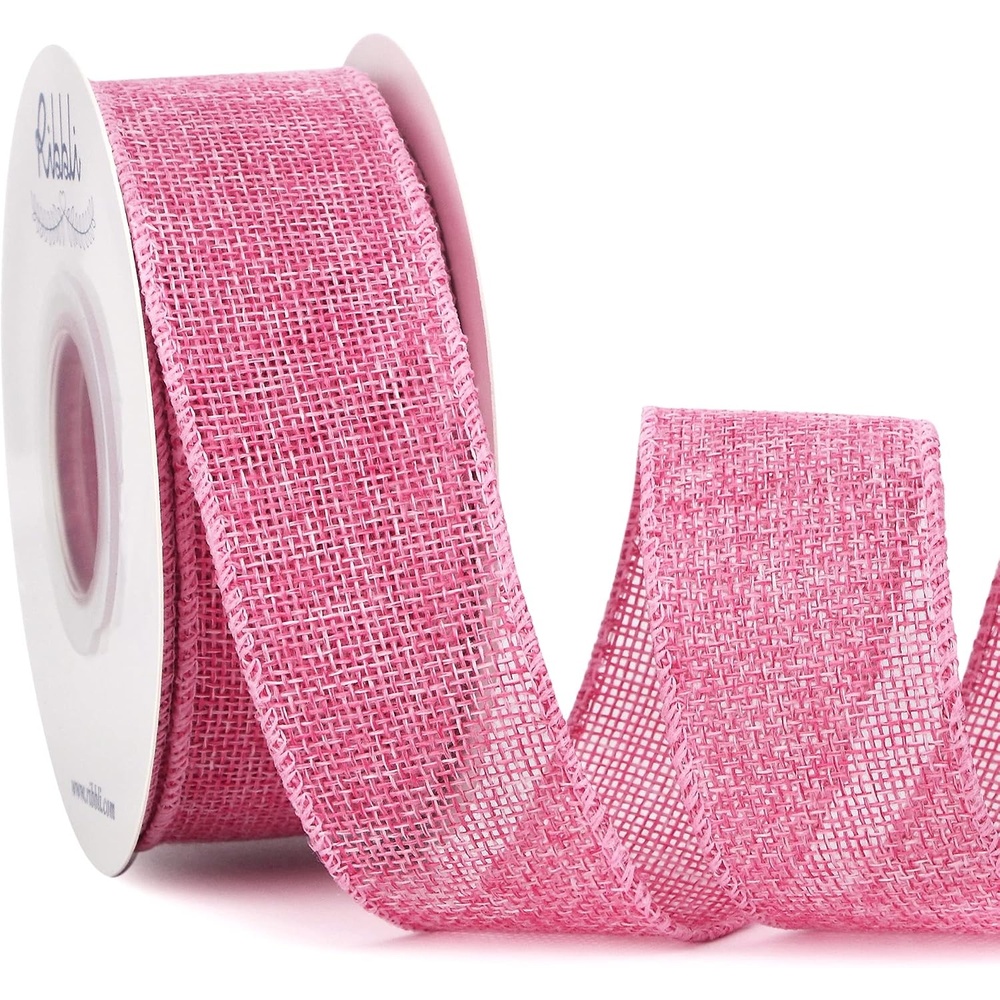 Ribbli Pink Burlap Valentine’s Day Wired Ribbon,1-1/2 Inch x 10 Yard,Easter Wired Edge Ribbon for Big Bow,Wreath,Tree Decoration,Outdoor Decoration(Pink)